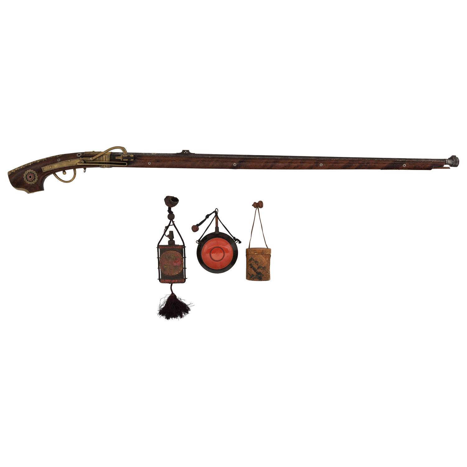 Japanese Tanegashima Matchlock with Powderflasks and Portfolio with Provenance Related to US Army 2nd Lt. Ralph M. Setser