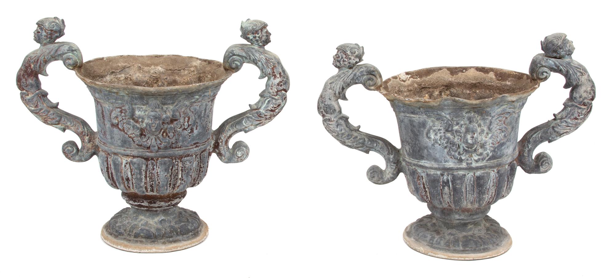 A Pair of Neoclassical Style Composition Campana Form Garden Urns Height 19 1/4 inches x width 23 inches, opening diameter 13 1/2 inche — 20TH CENTURY
