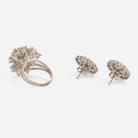 A Set of 14K White Gold and Diamond Earrings and Ring