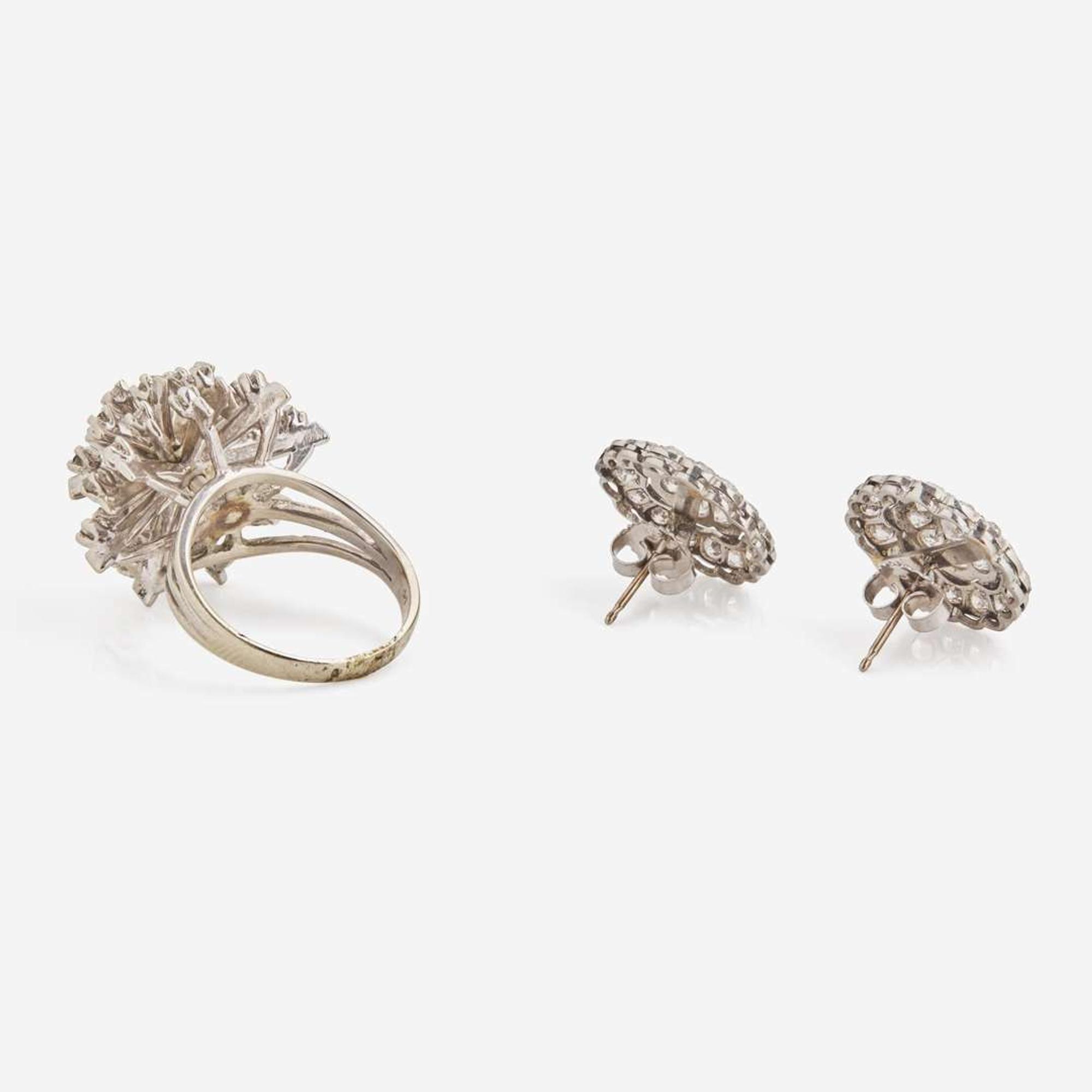 A Set of 14K White Gold and Diamond Earrings and Ring