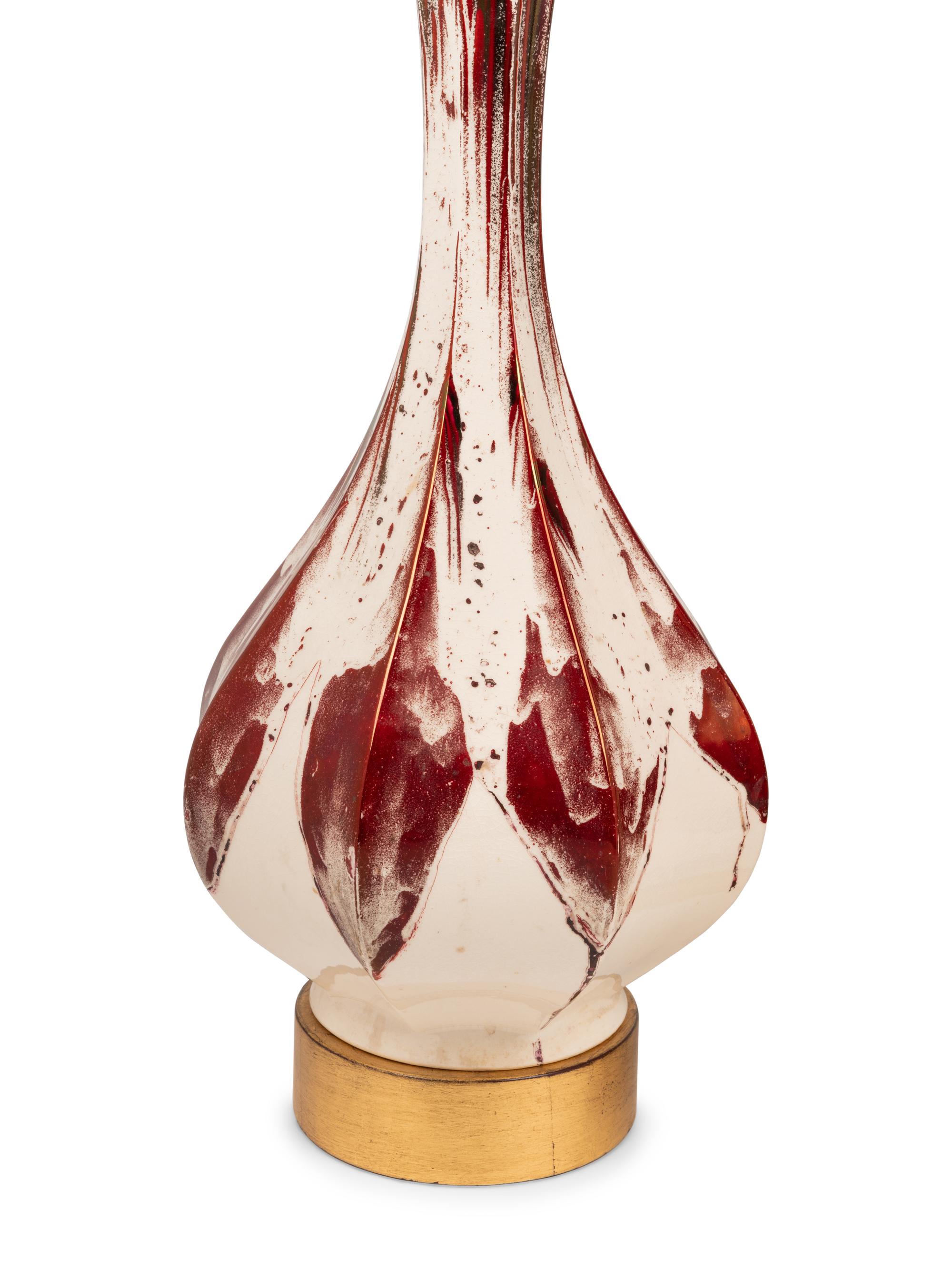 A Pair of Contemporary Red and White Glazed Vases Mounted as Lamps