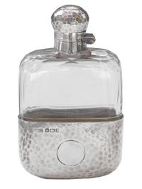 A James Dixon & Sons Hammered Silver and Glass Flask 2.5" W x 1" D x 4.5" H — England, Circa 1911