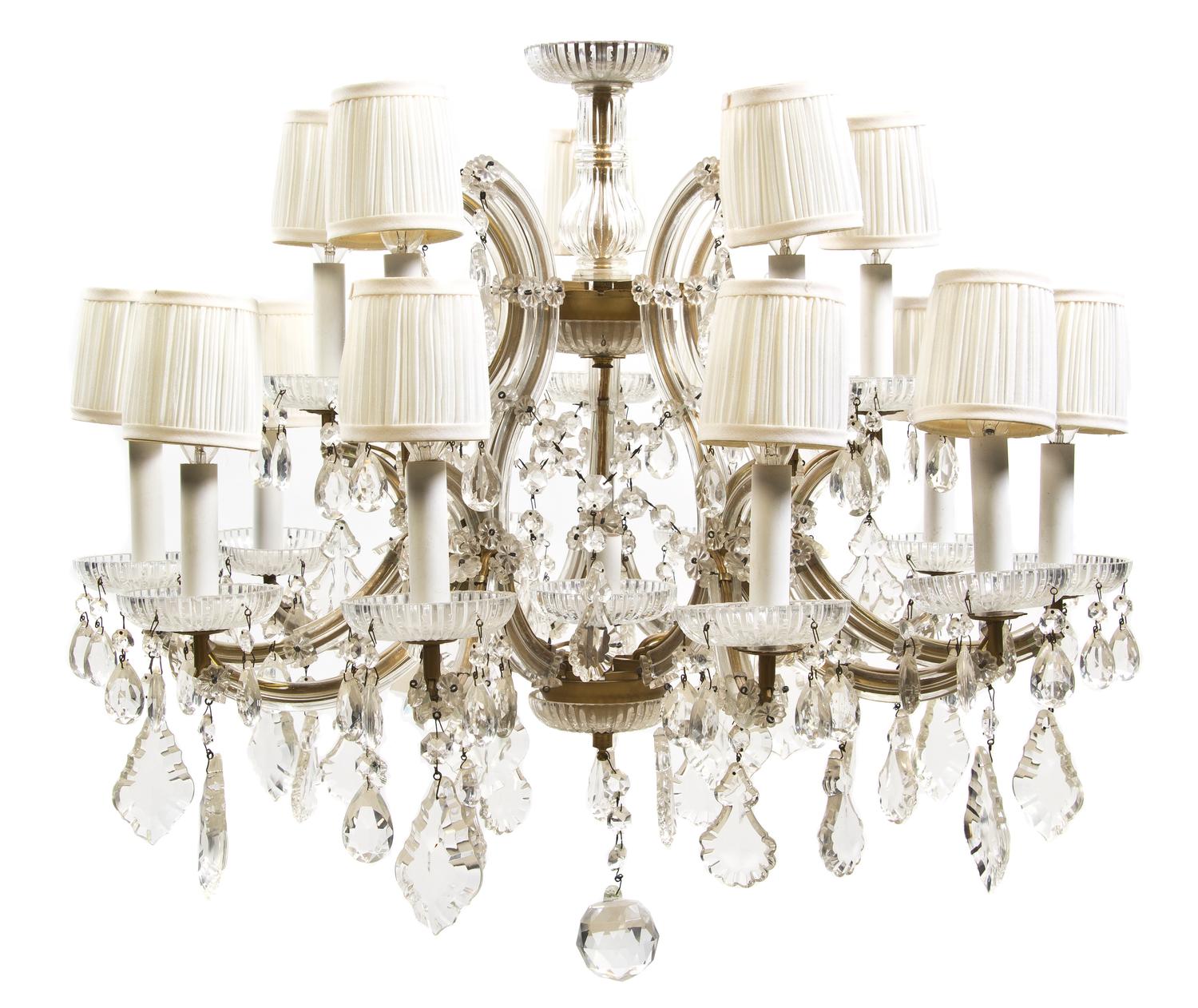 A Continental Cased Glass Fifteen-Light Chandelier, Height 24 x diameter 27 1/2 inches.