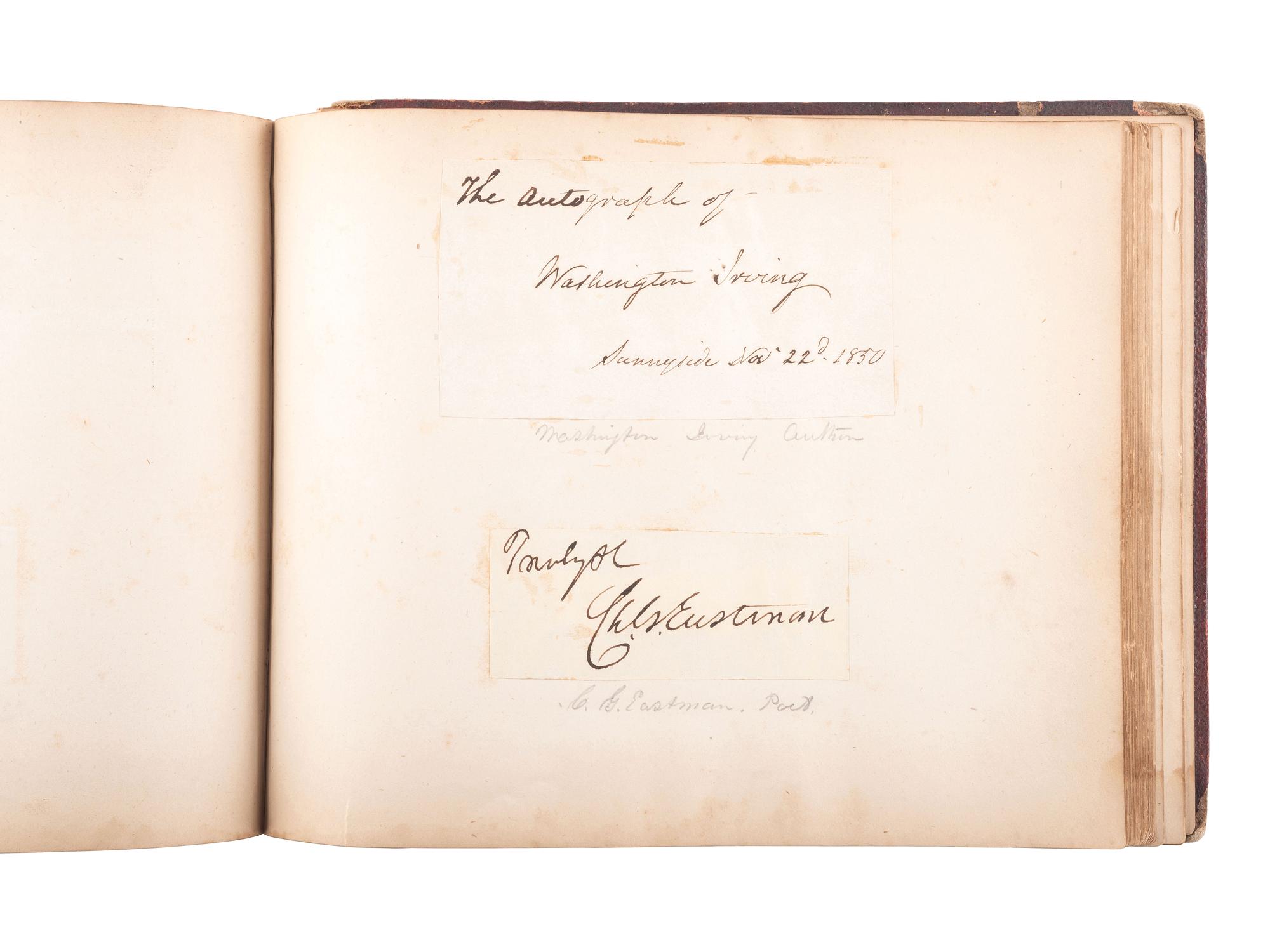 [CIVIL WAR]. Autograph book identified to Lucritia Taft Flagg, featuring signatures of assorted 19th-century figures including D.L. MOODY, Lewis CASS, Charles SUMNER, William H. SEWARD, and others.