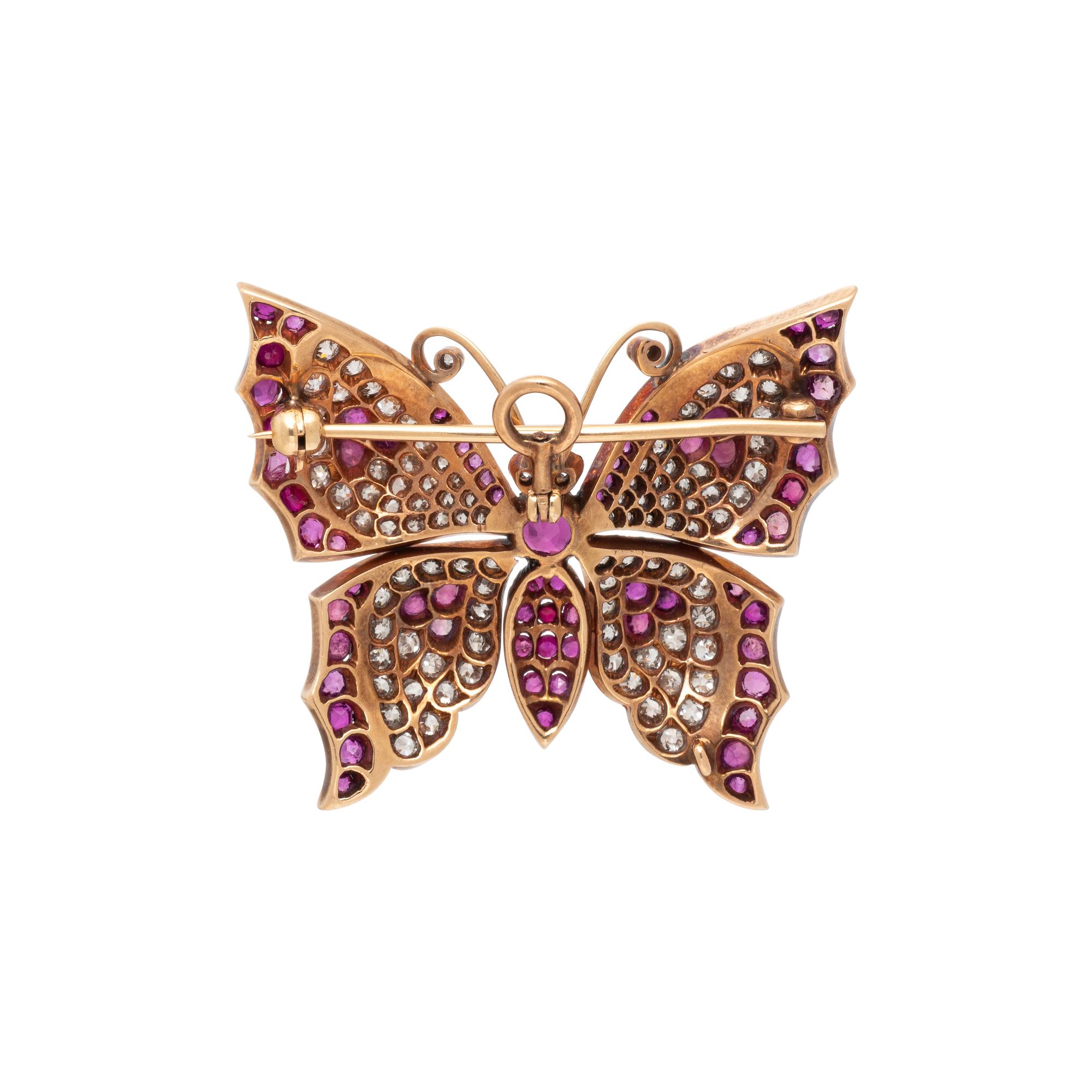 RUBY, DIAMOND, AND ROSE GOLD BUTTERFLY PENDANT BROOCH