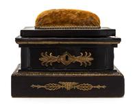An Empire Gilt Metal Mounted Mahogany Sewing Box Height 5 1/2 x width 7 x depth 4 1/2 inches.