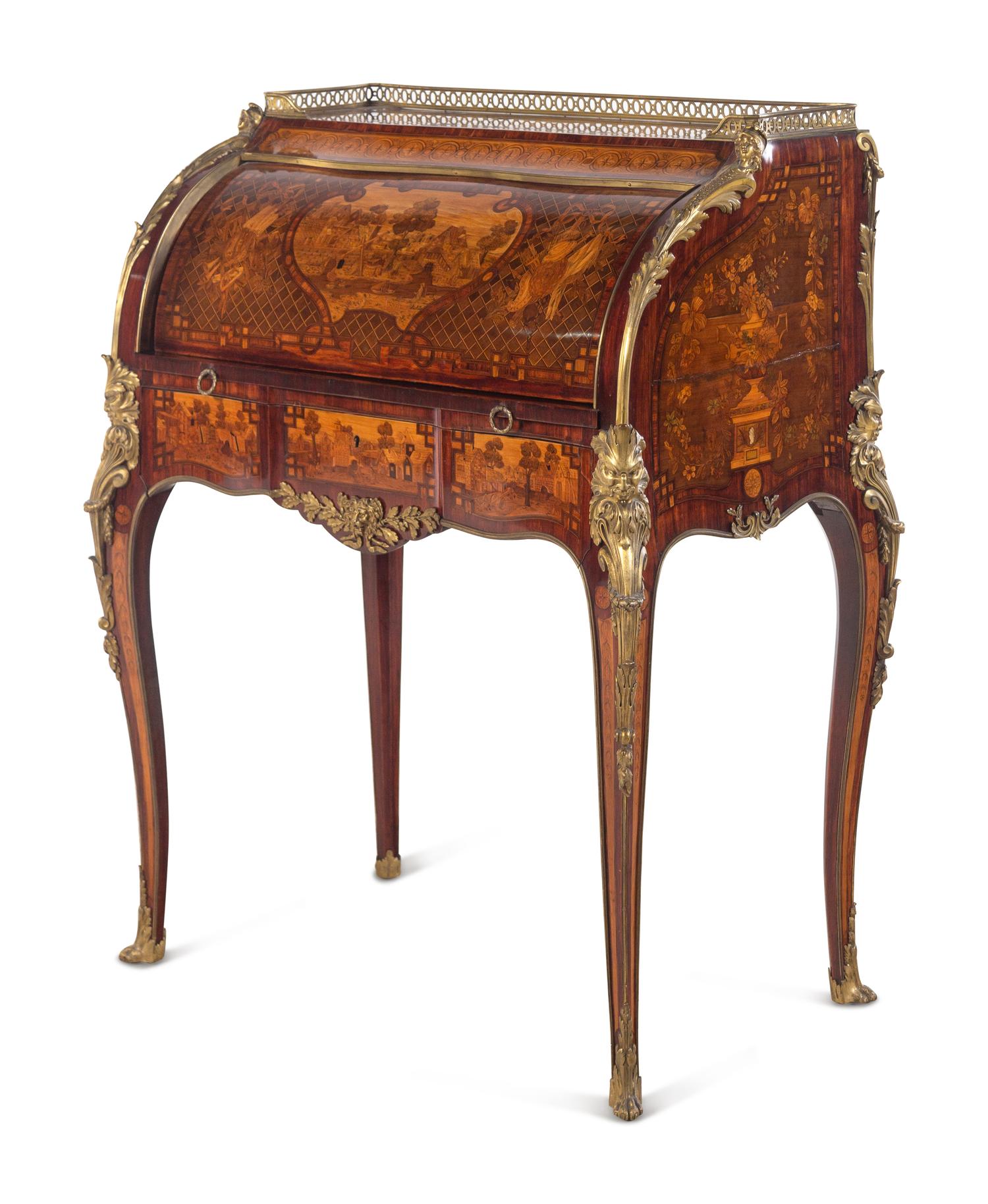 A Louis XV Style Gilt Bronze Mounted Marquetry Cylinder Bureau