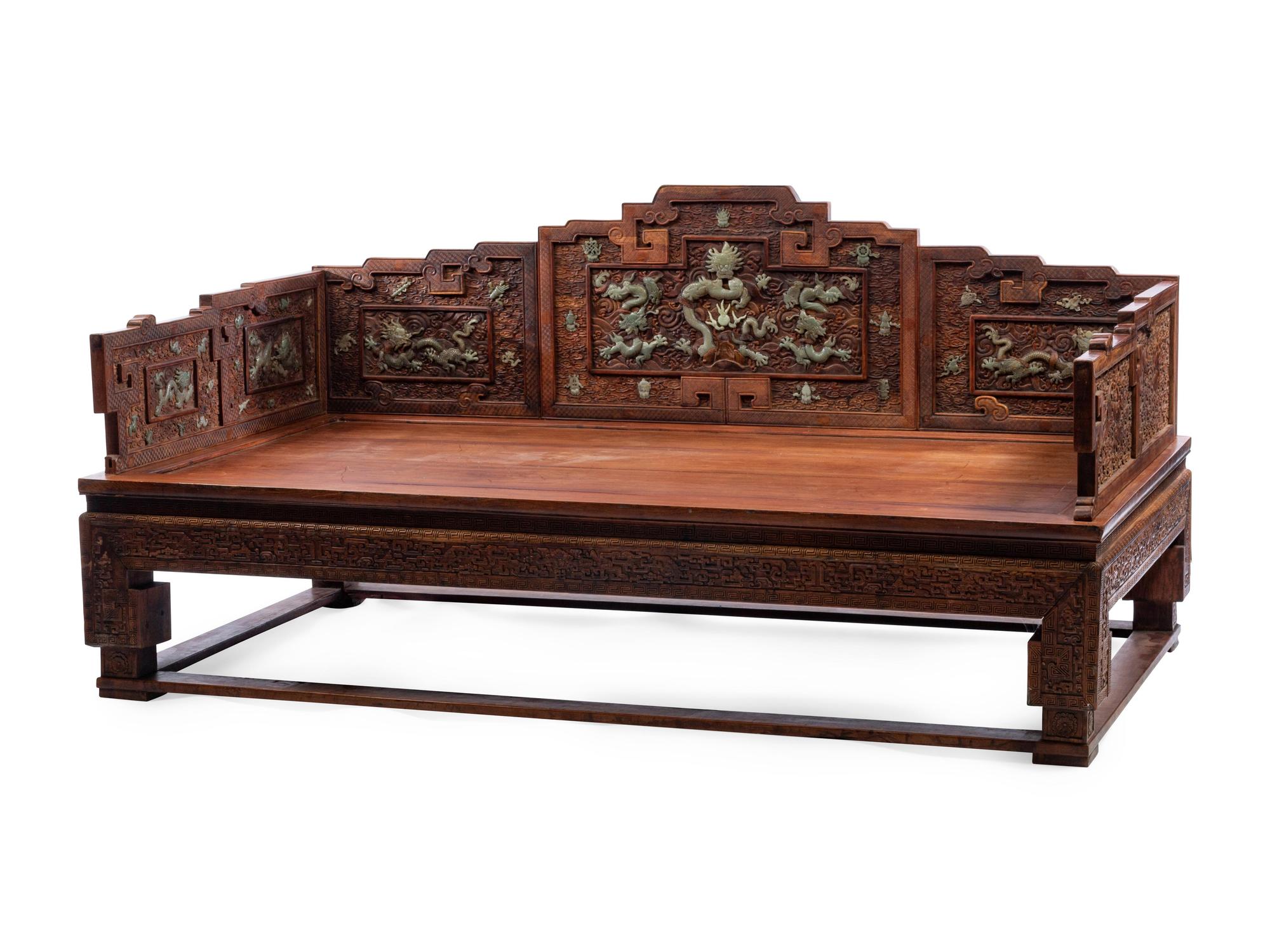 A Chinese Carved Hardwood and Hardstone-Inset Daybed