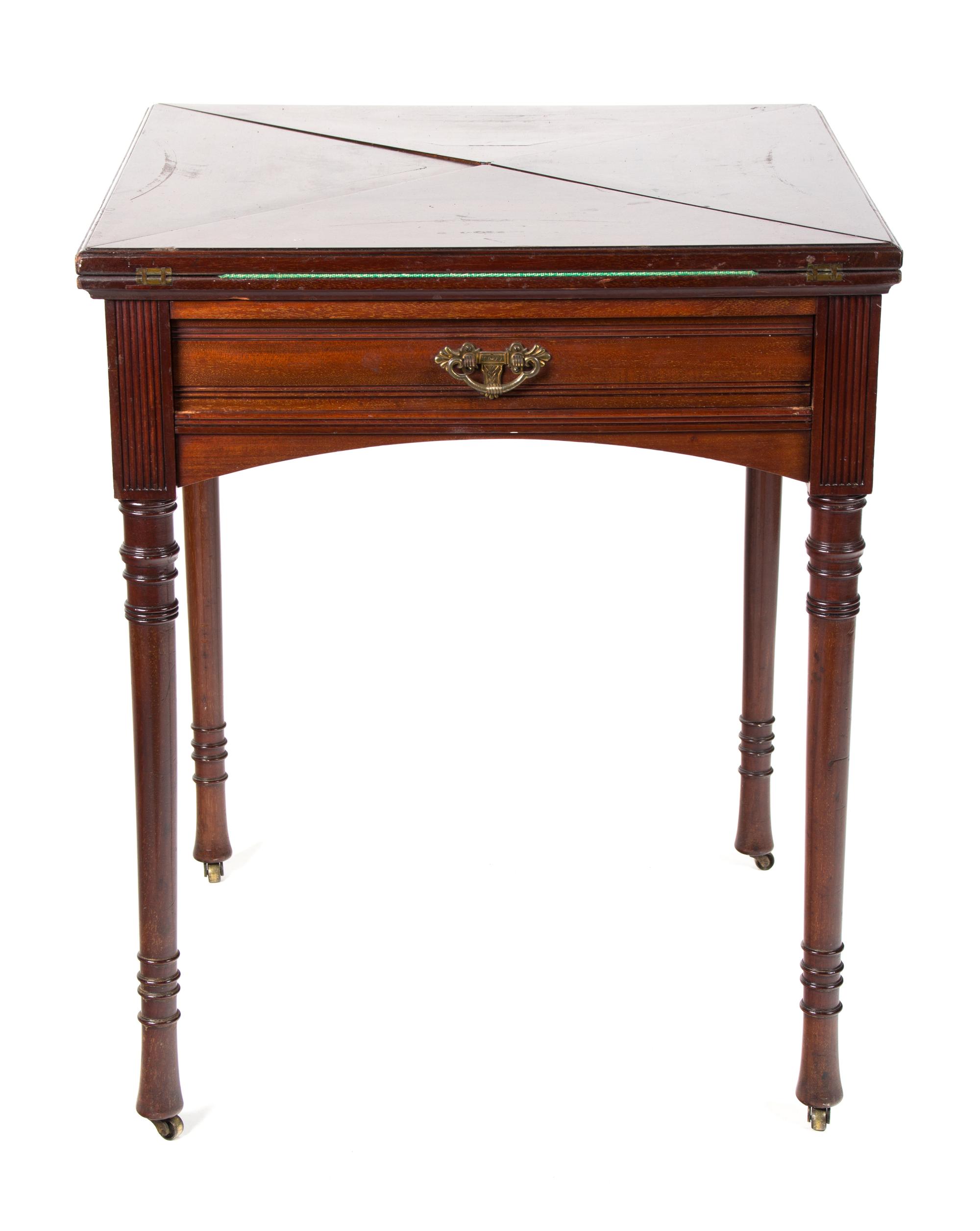A George III Style Mahogany Fold-Top Game Table Height 29 1/2 x width 24 x depth 24 inches (closed). — 20TH CENTURY