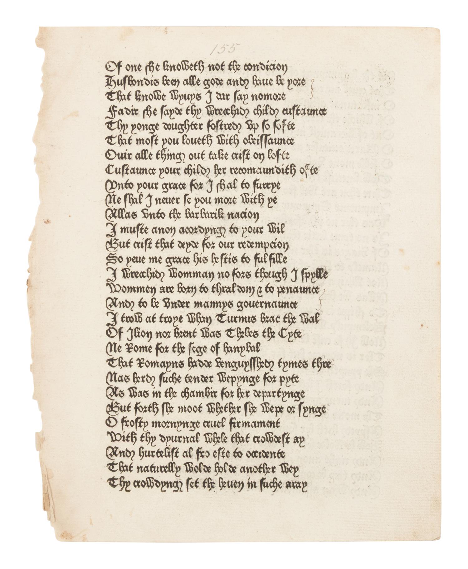 [LEAF BOOK]. -- [CAXTON, William (ca 1422-1491 or 1492)]. CHAUCER, Geoffrey (d. 1400). "Man of Law's Tale." Extracted from: The Canterbury Tales . Westminster: William Caxton, 1476.