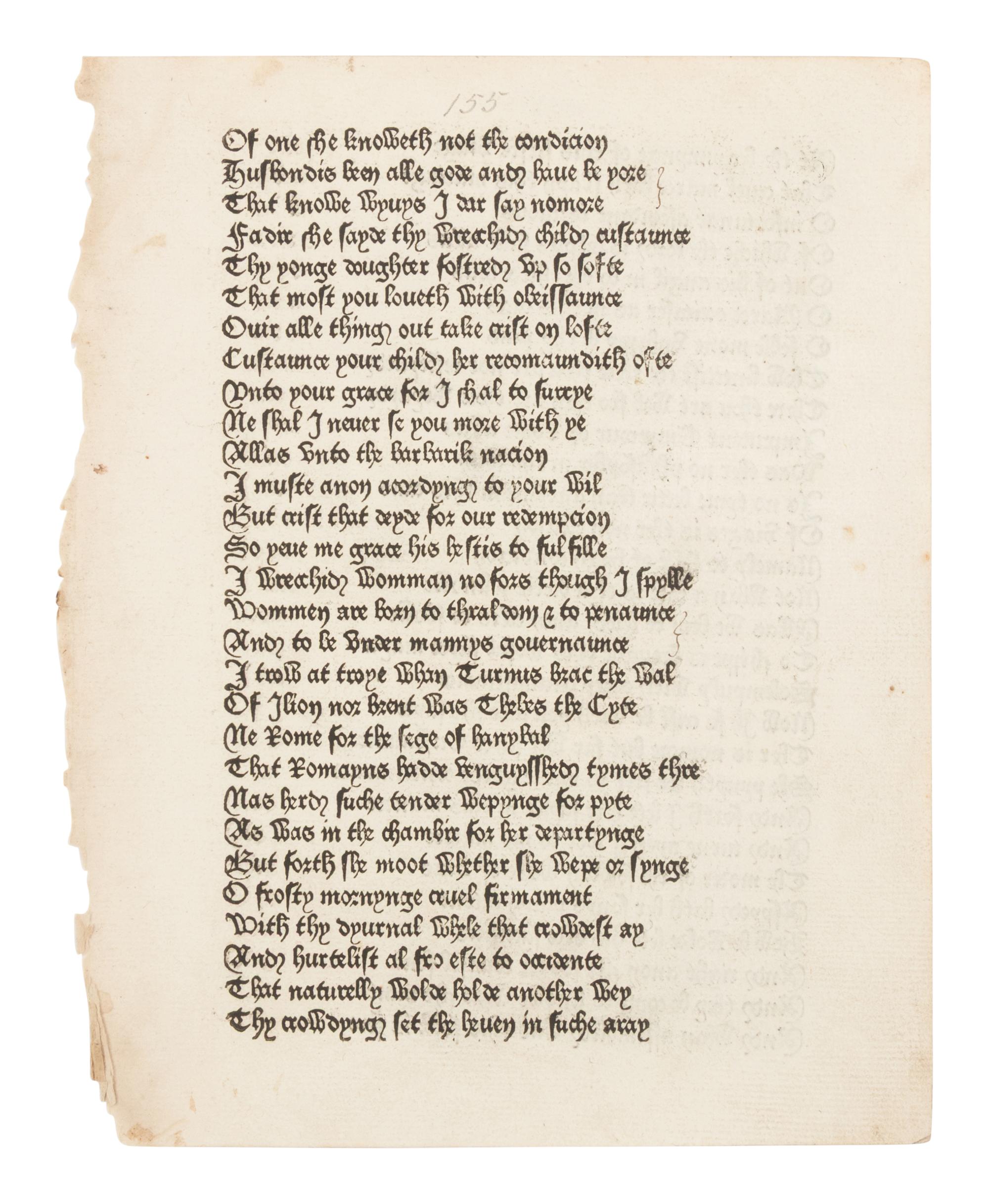 [LEAF BOOK]. -- [CAXTON, William (ca 1422-1491 or 1492)]. CHAUCER, Geoffrey (d. 1400). "Man of Law's Tale." Extracted from: The Canterbury Tales . Westminster: William Caxton, 1476.