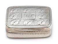 A George III Silver Vinaigrette, Matthew Linwood, Birmingham, 1810, the lid decorated with foliate and stippled decoration centered by
