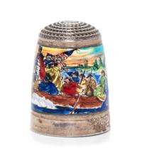 An English Silver and Enamel Thimble, Joseph Swan & Sons, Birmingham, 1973, the knurled top above an enamel body depicting Washington C