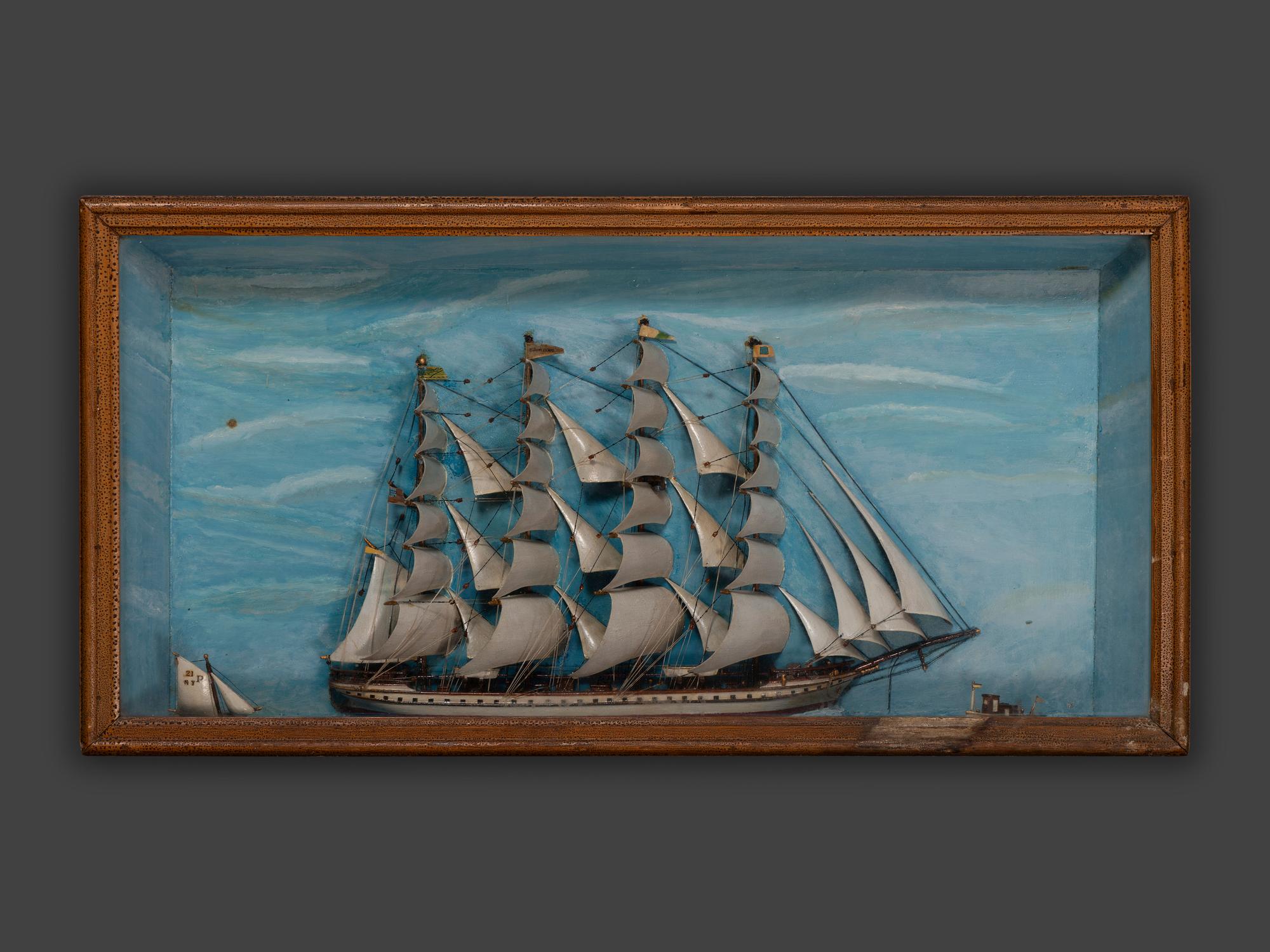 A Carved and Painted Wood Ship Diorama