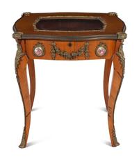 A Louis XV Style Gilt Metal and Porcelain Mounted Vitrine Table