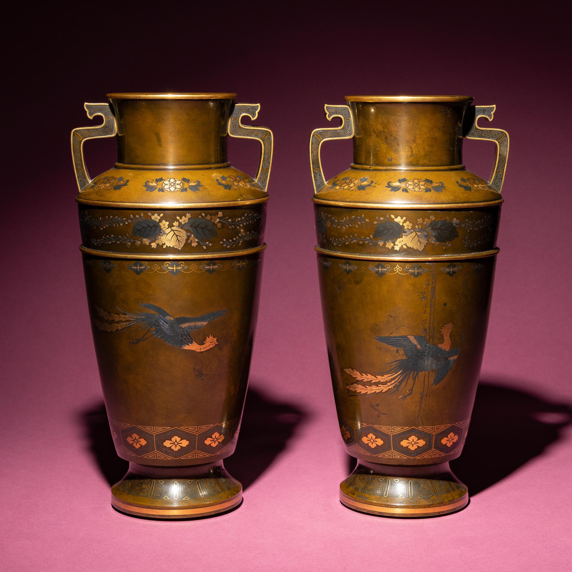 A Pair of Japanese Bronze and Mixed Metal Vases, 20th Century — 近代 日本金工鳳紋賞瓶一對