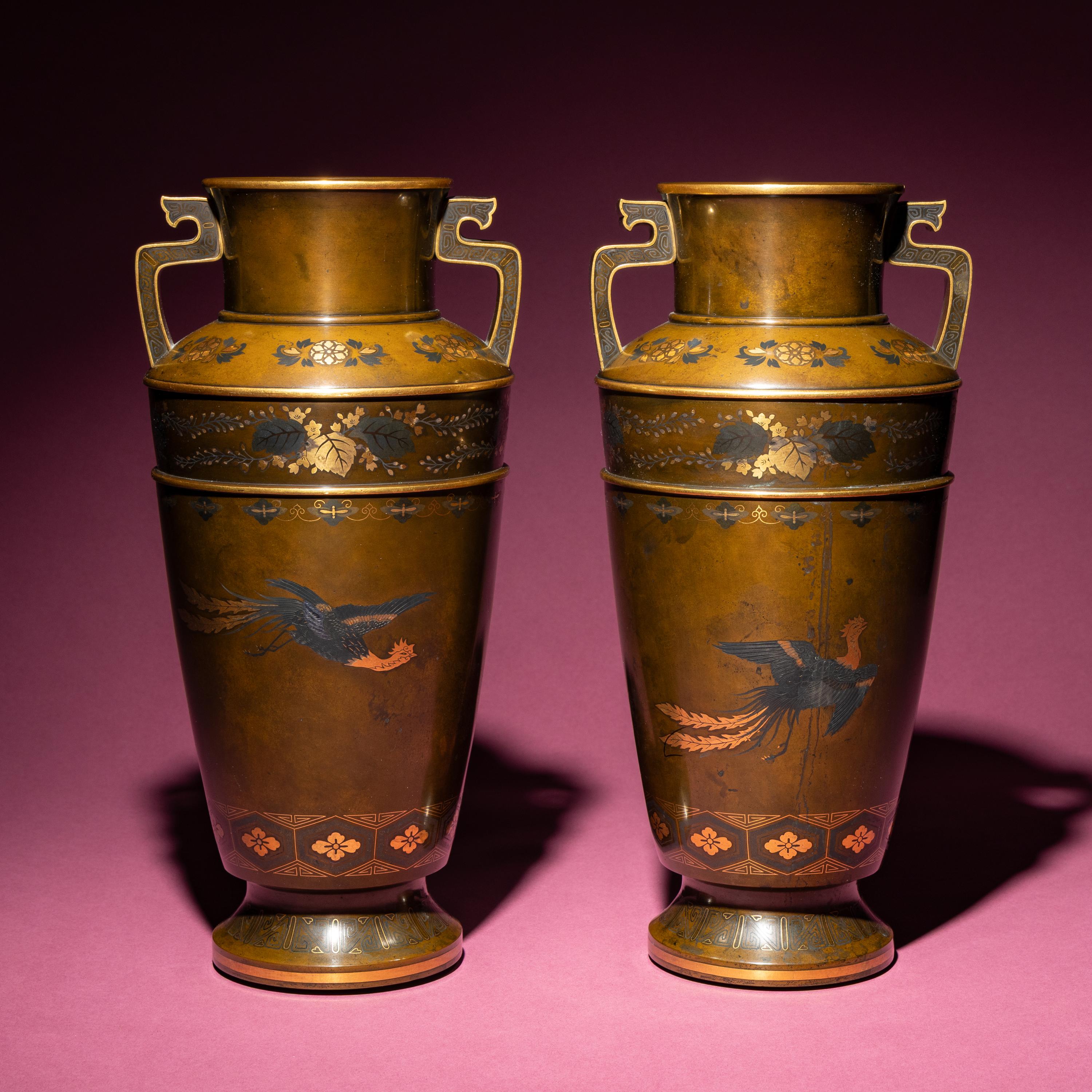 A Pair of Japanese Bronze and Mixed Metal Vases, 20th Century — 近代 日本金工鳳紋賞瓶一對