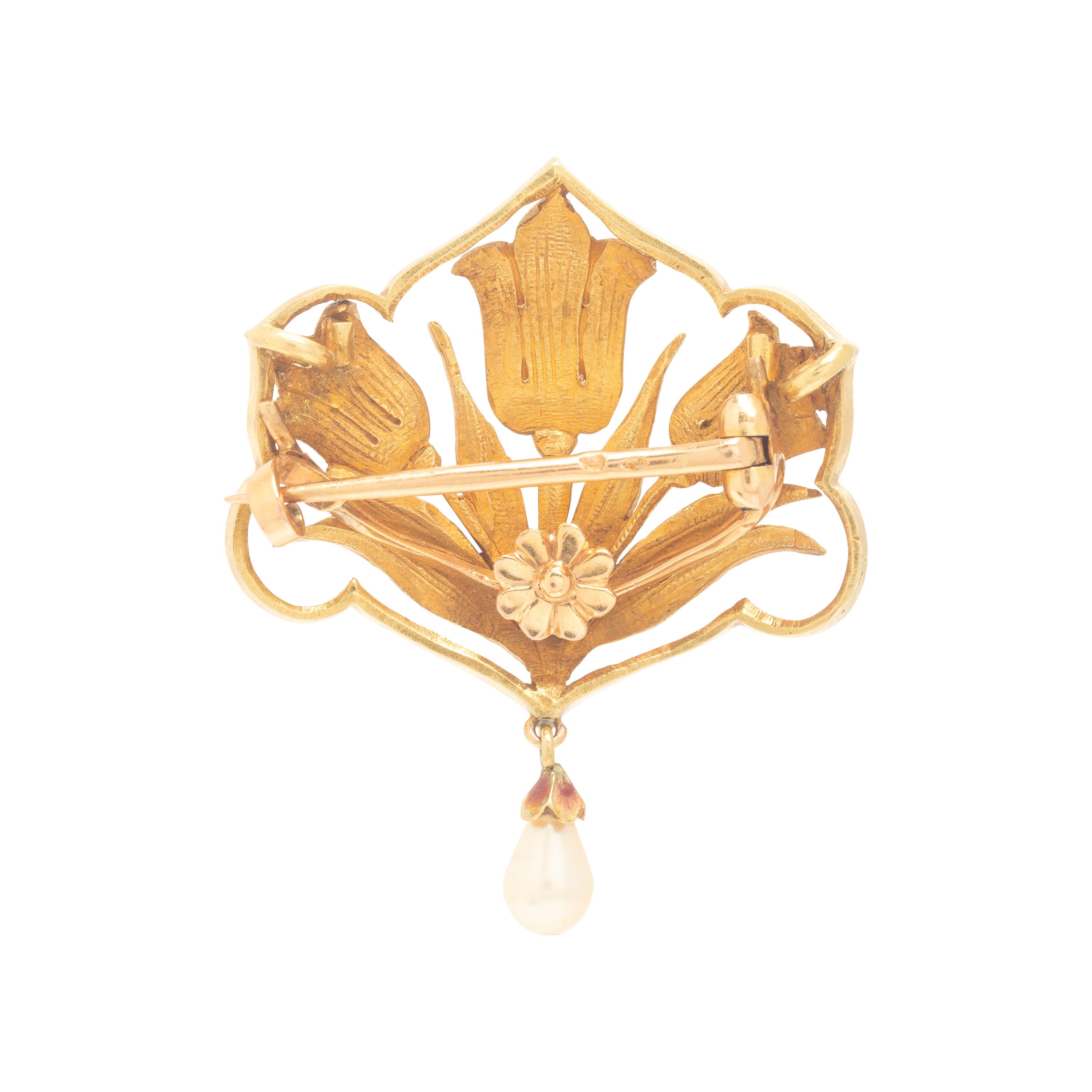 Art Nouveau, Three Enamel and Yellow Gold Brooches
