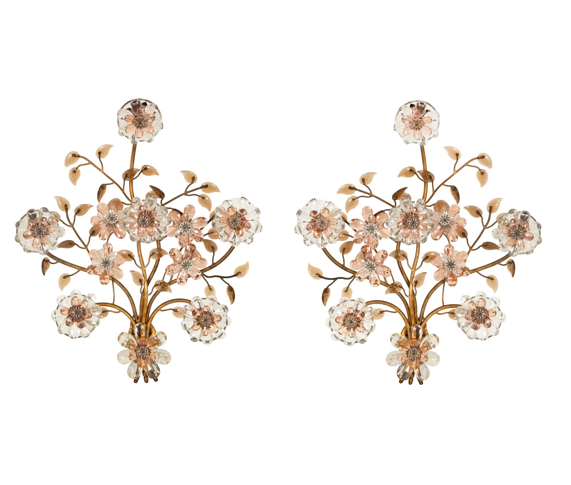 A Pair of Continental Glass Flowerhead and Gilt Metal Sconces