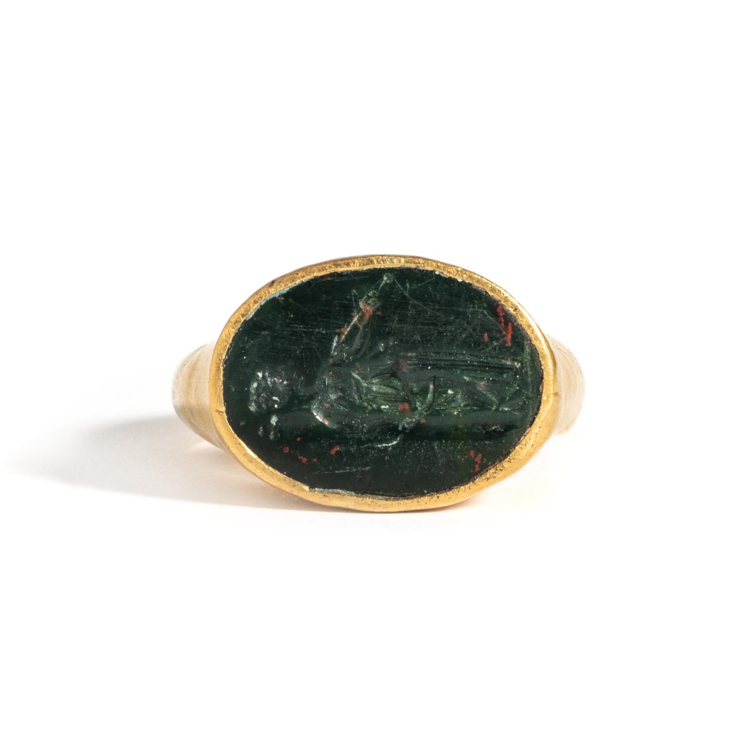 A Roman Gold and Bloodstone Finger Ring with the Goddess Diana