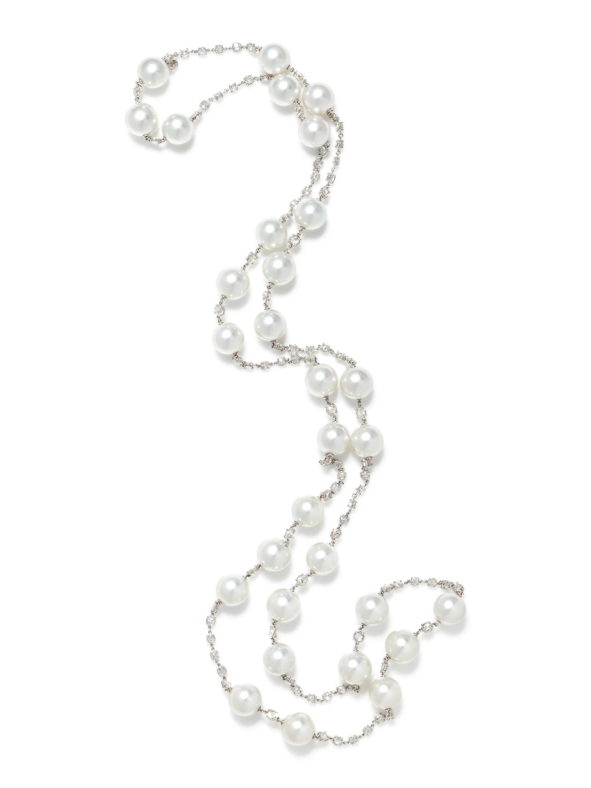 CULTURED SOUTH SEA PEARL AND DIAMOND LONGCHAIN NECKLACE