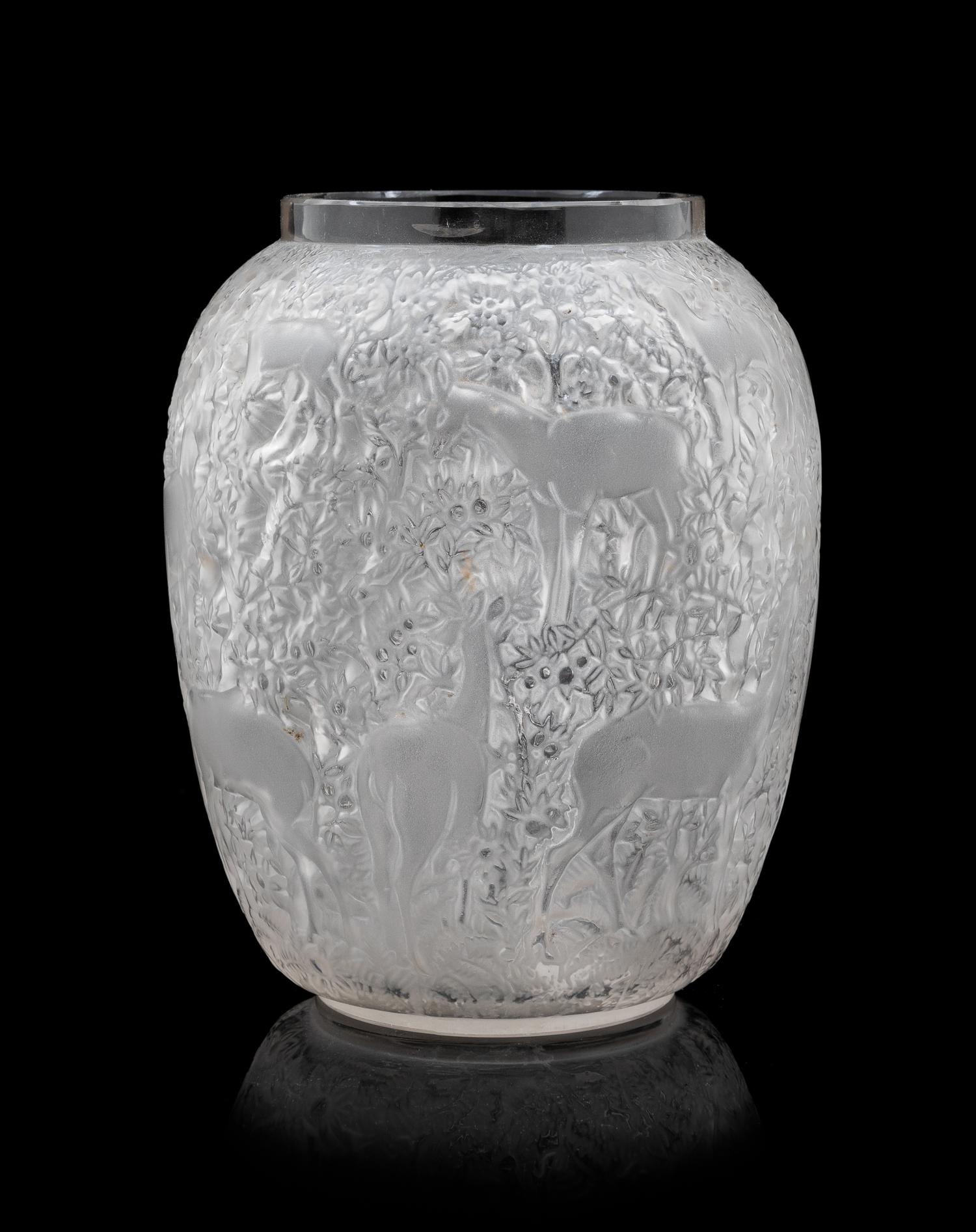 A Lalique Molded Glass Vase, Biches Height 7 x diameter 5 inches.