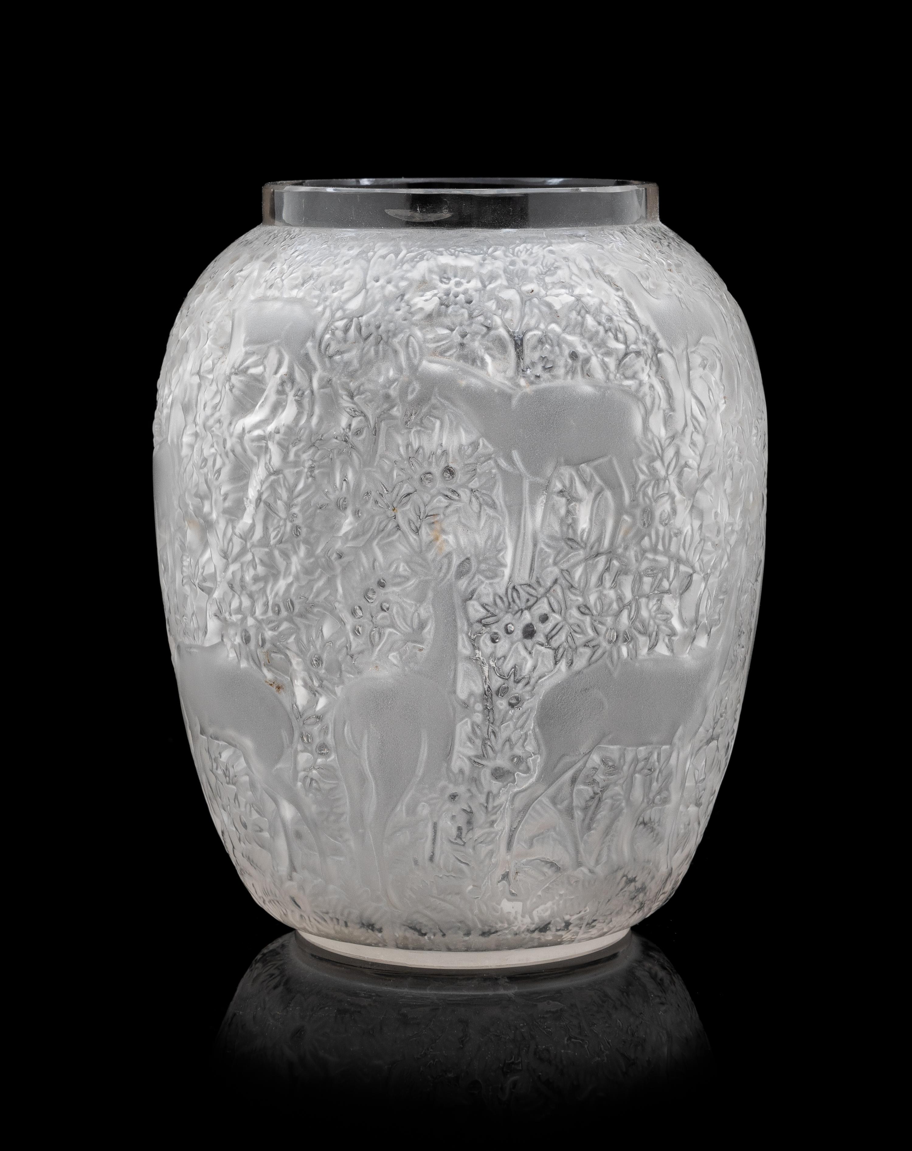 A Lalique Molded Glass Vase, Biches Height 7 x diameter 5 inches.