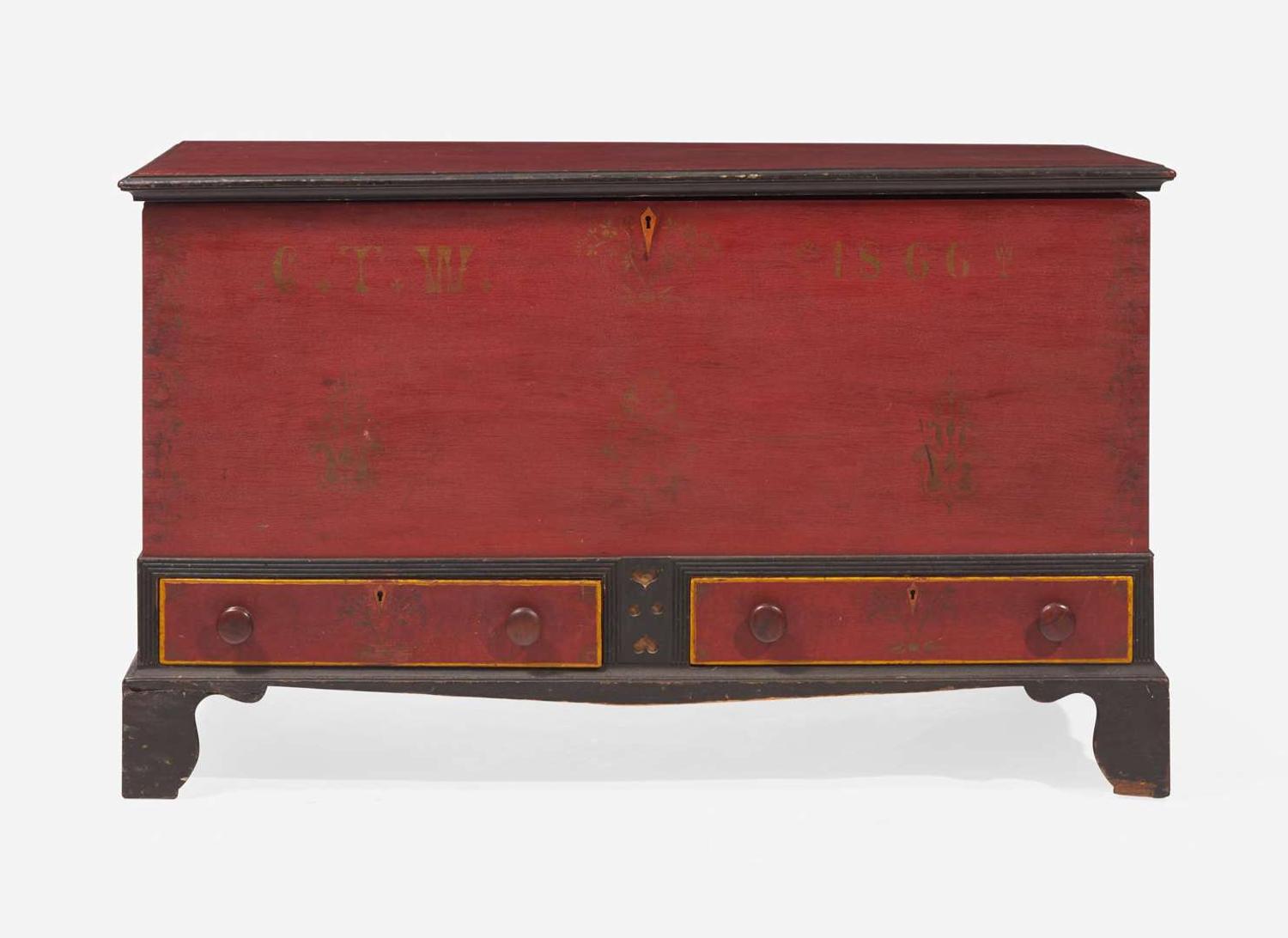 A Soap Hollow painted and stencil-decorated pine blanket chest with drawers, Somerset County, PA, dated "1866"