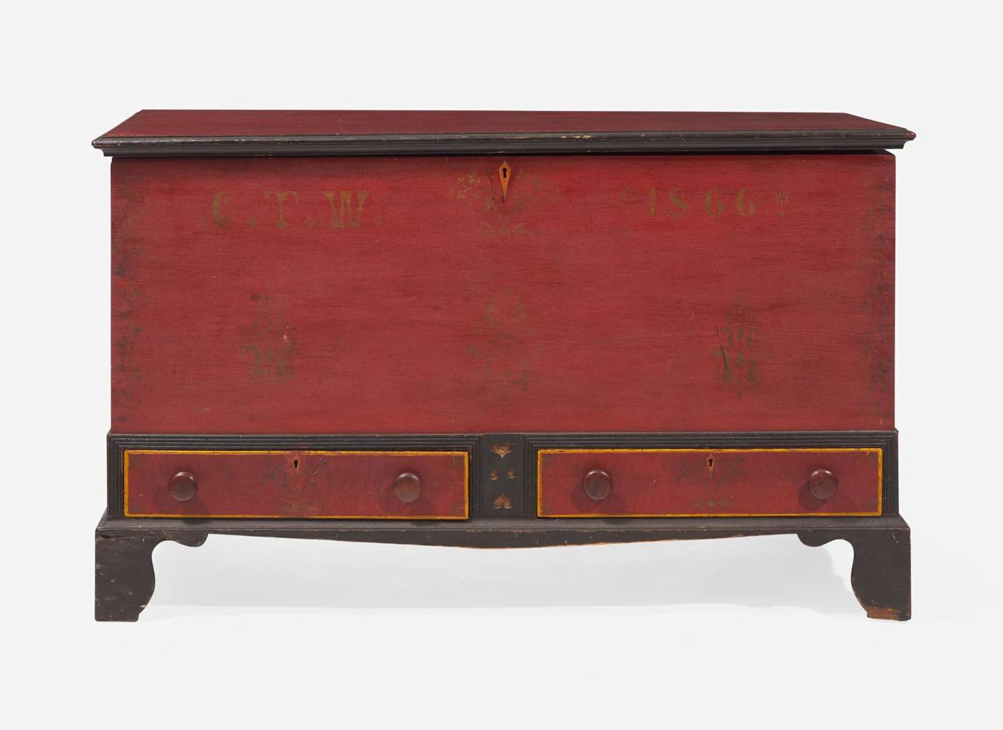 A Soap Hollow painted and stencil-decorated pine blanket chest with drawers, Somerset County, PA, dated "1866"