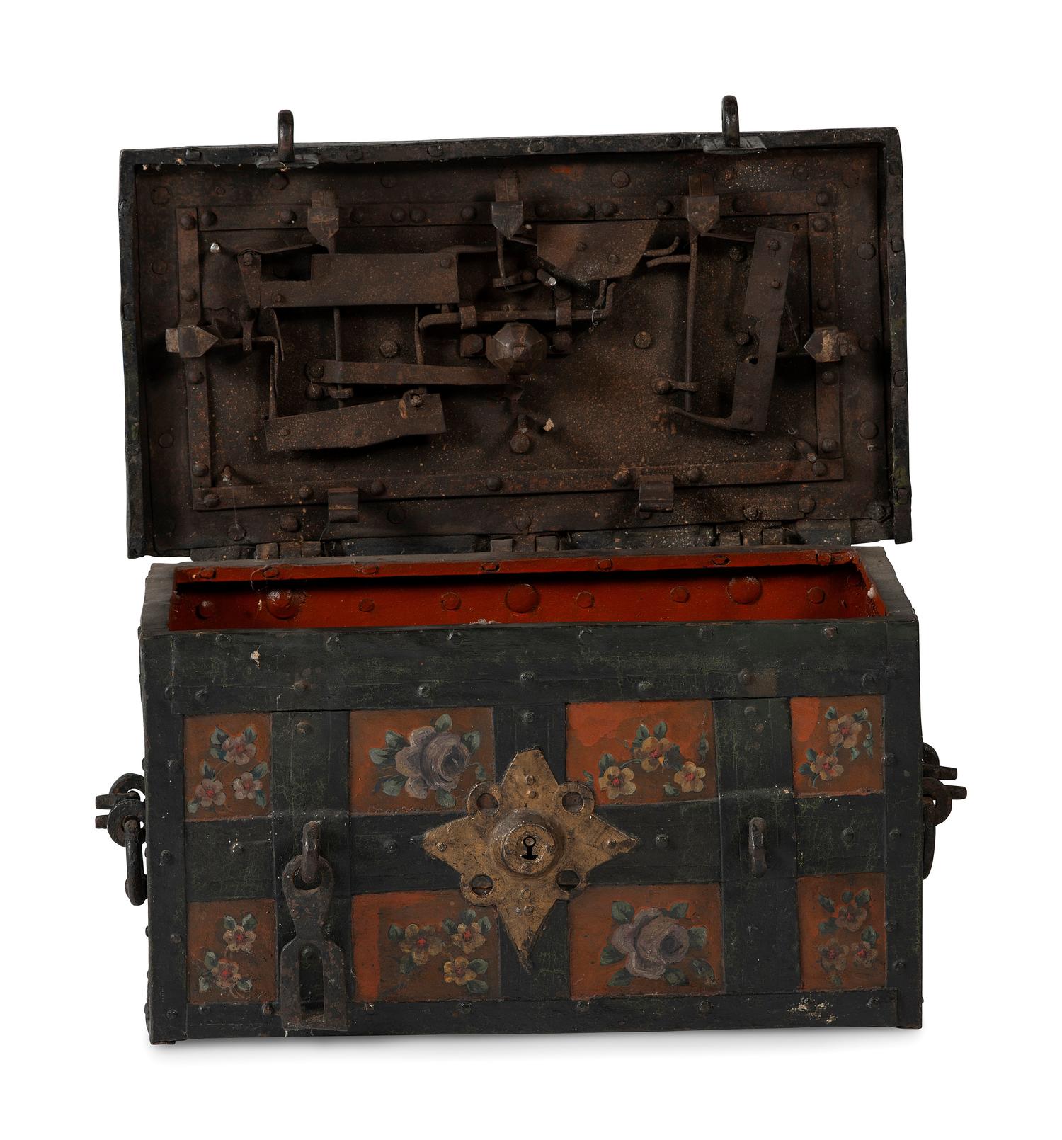 A Continental Paint-Decorated and Iron Mounted Strong Box