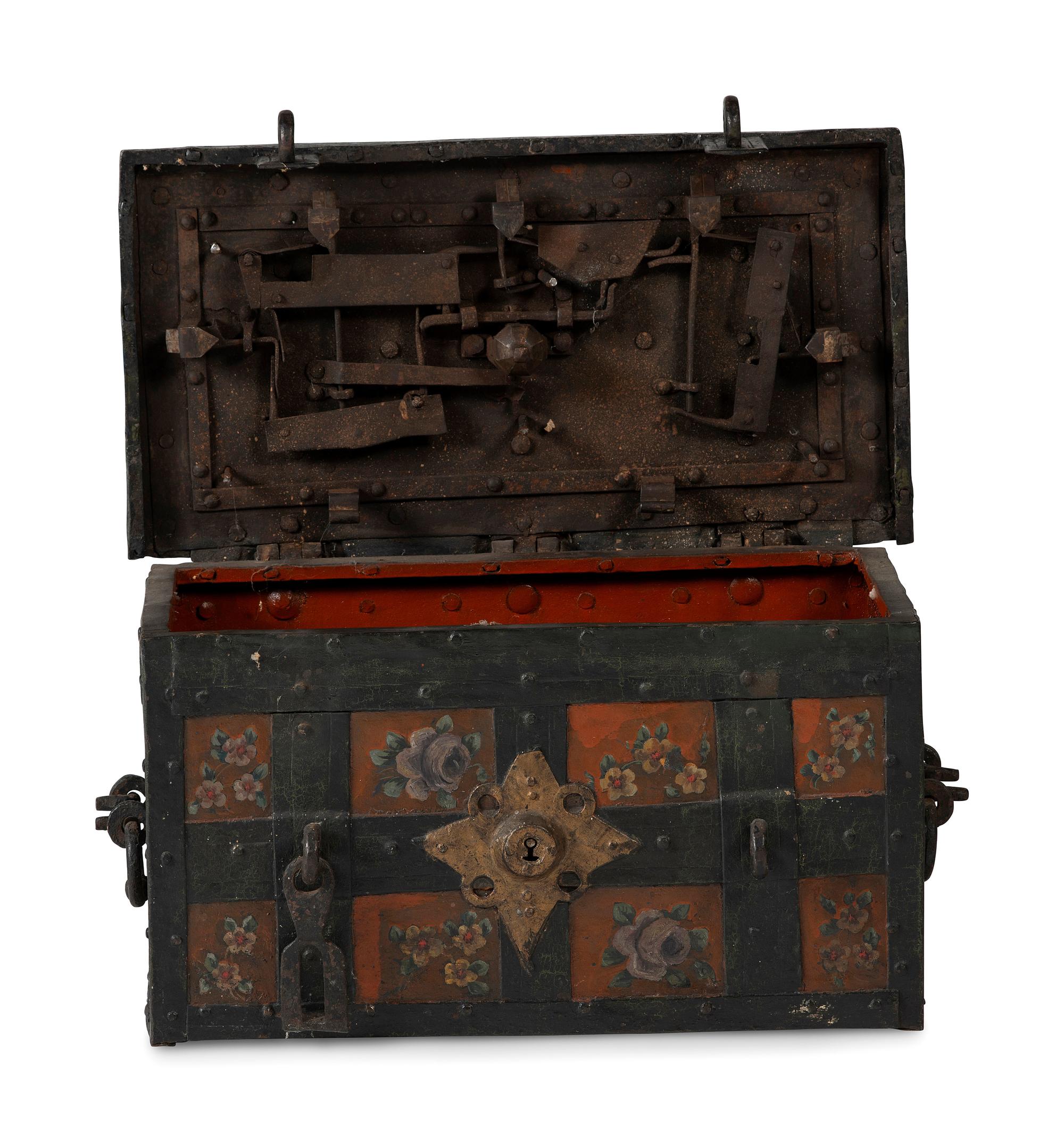 A Continental Paint-Decorated and Iron Mounted Strong Box