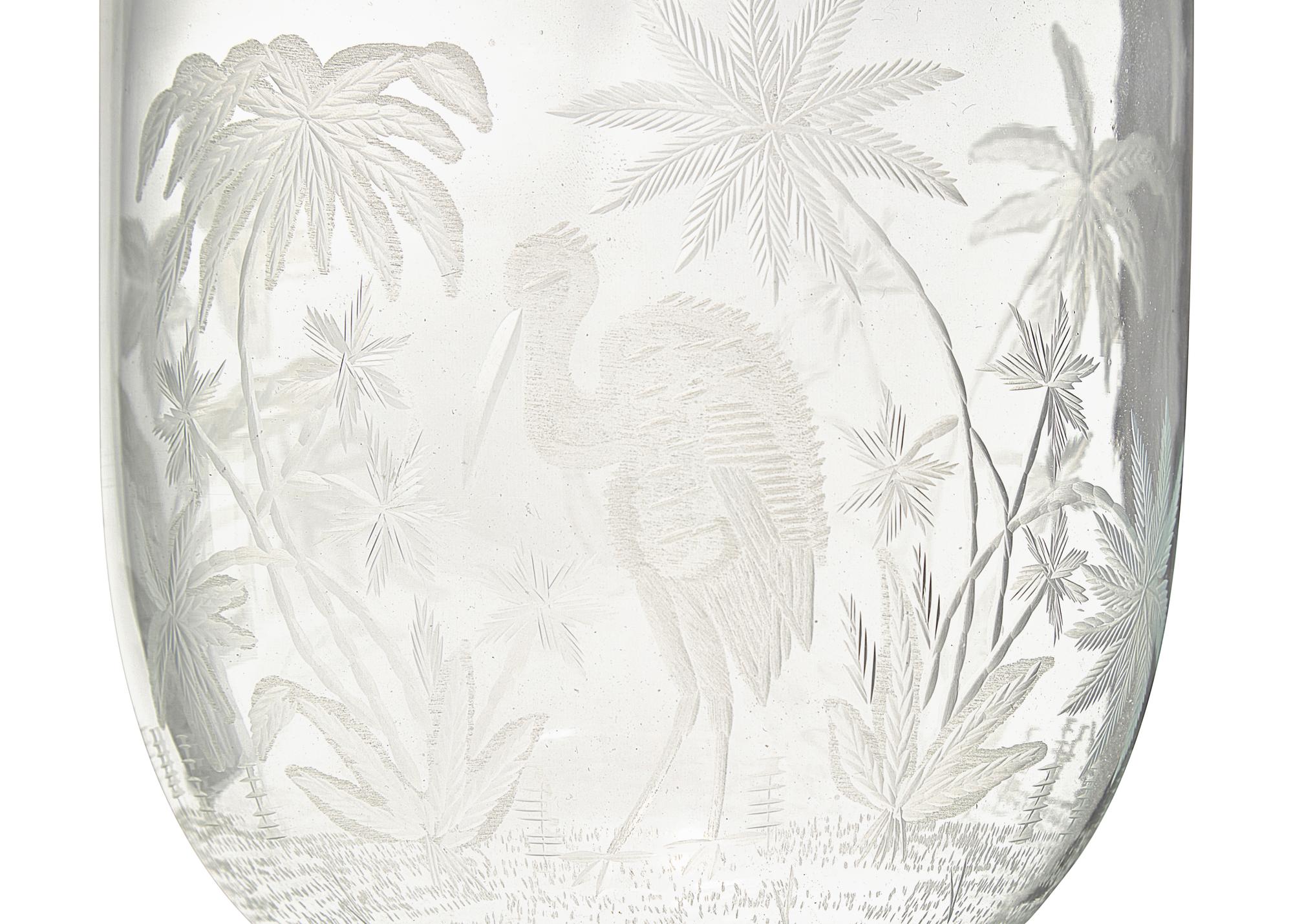A Blown and Etched Glass Hurricane Vase