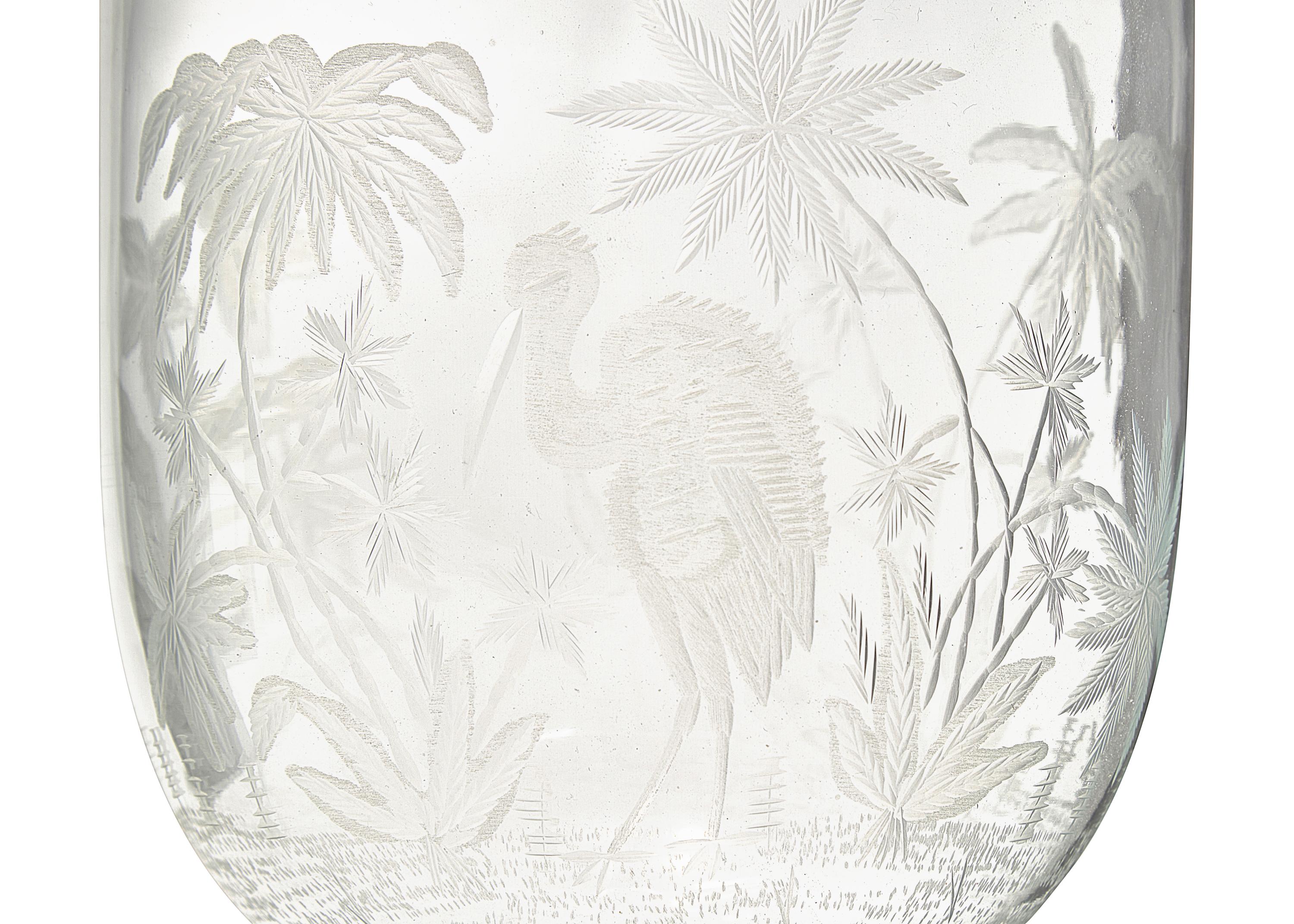 A Blown and Etched Glass Hurricane Vase
