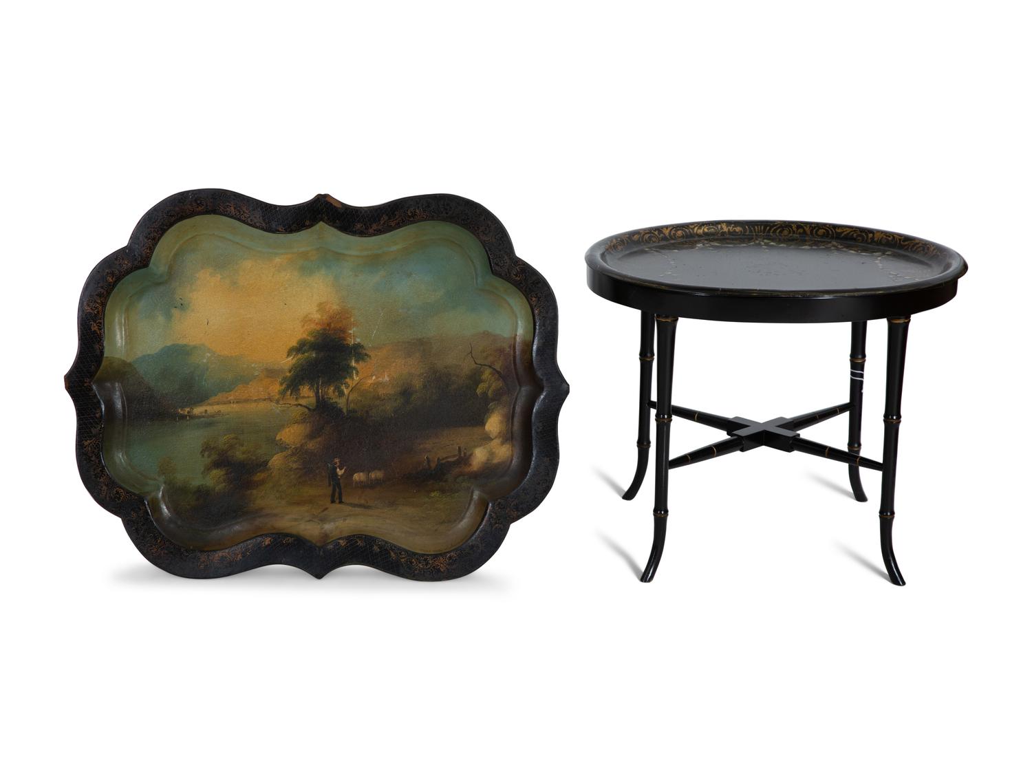 Two English Black and Gilt Lacquer Trays — 19th Century