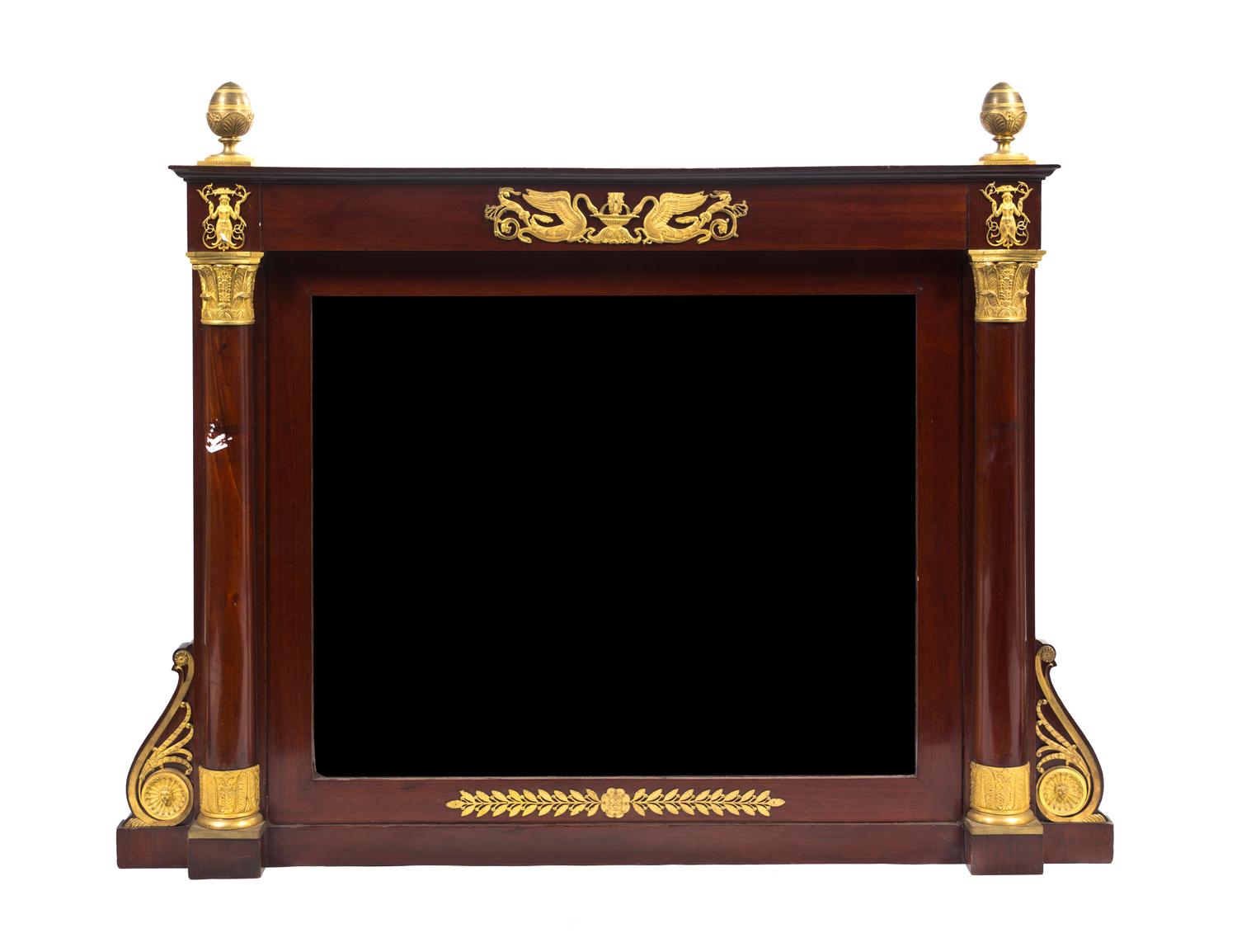 An Empire Mahogany and Gilt Bronze Mounted Over Mantel Mirror, Height 38 x width 49 1/2 inches.