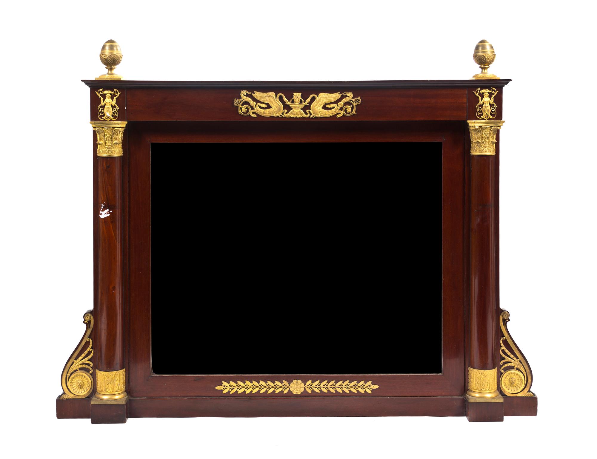 An Empire Mahogany and Gilt Bronze Mounted Over Mantel Mirror, Height 38 x width 49 1/2 inches.