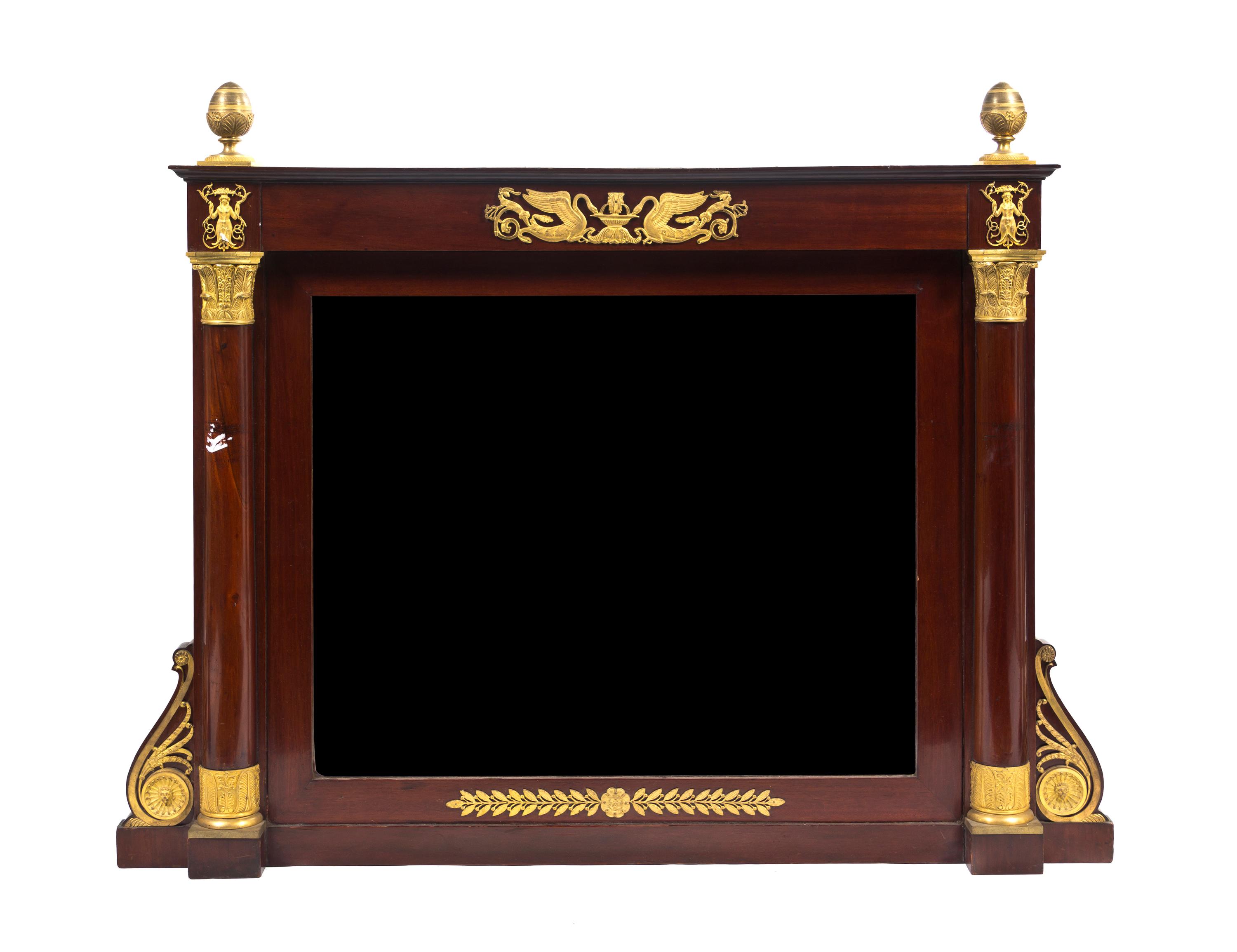 An Empire Mahogany and Gilt Bronze Mounted Over Mantel Mirror, Height 38 x width 49 1/2 inches.