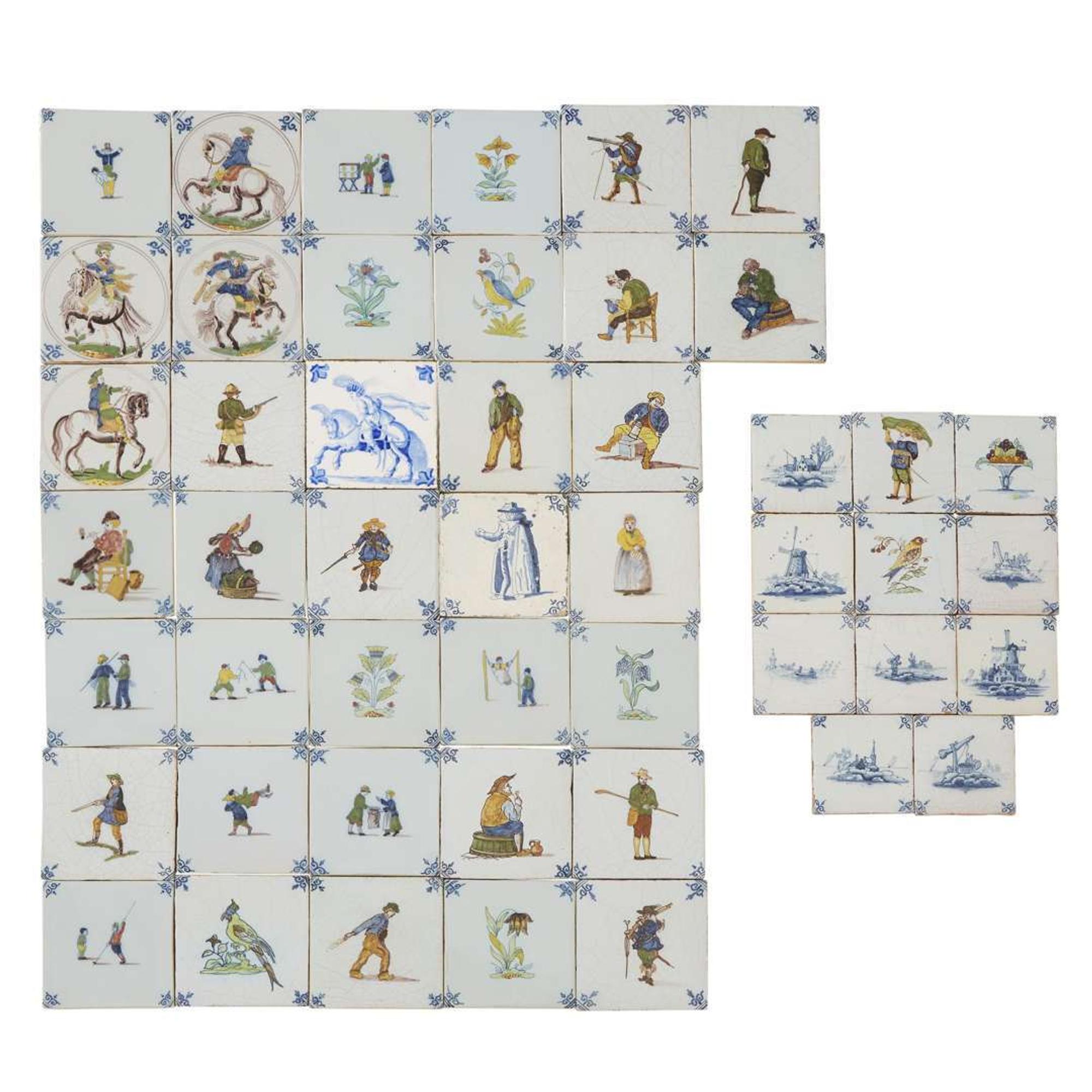 Group of forty-eight Dutch Delft blue and polychrome tiles 20th century
