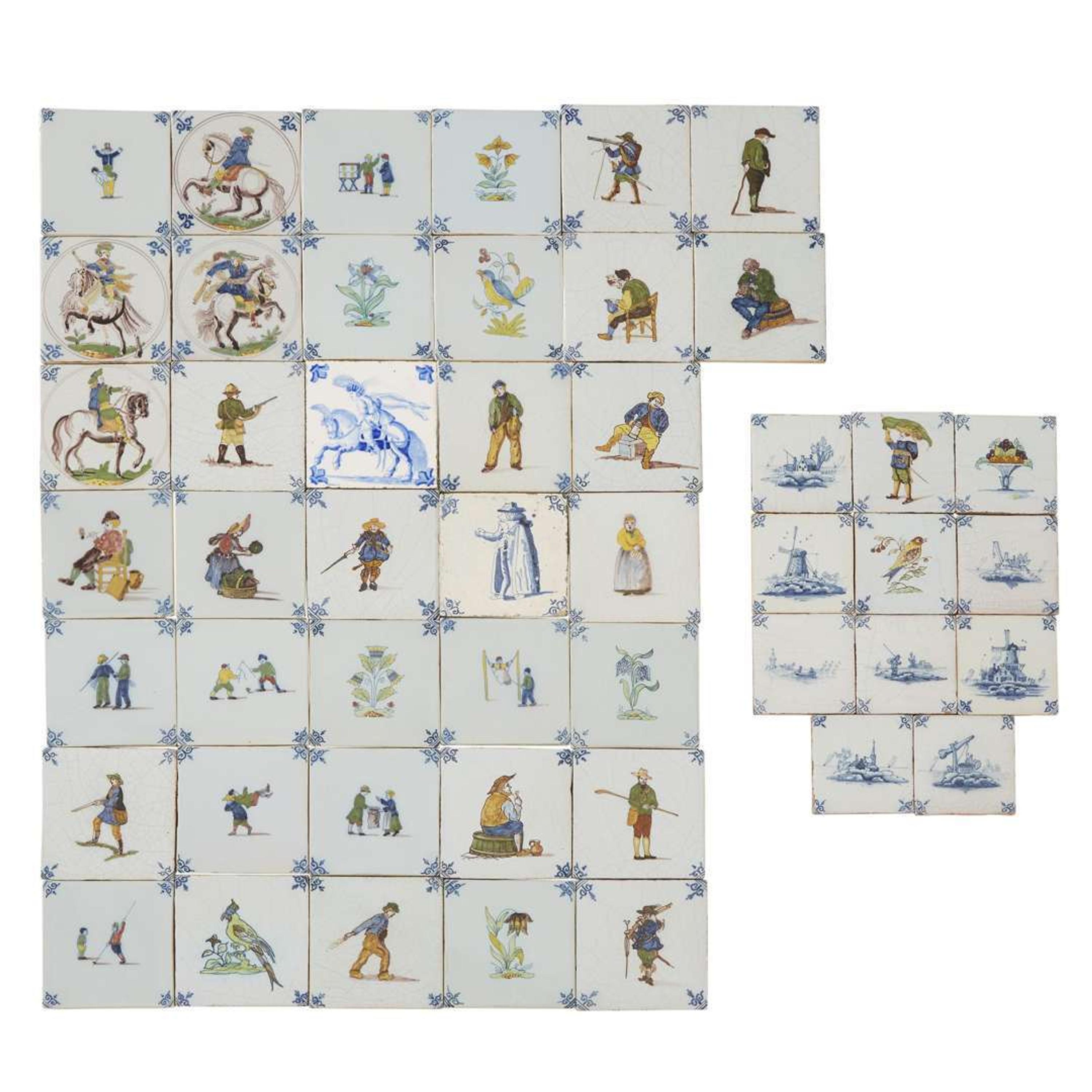 Group of forty-eight Dutch Delft blue and polychrome tiles 20th century