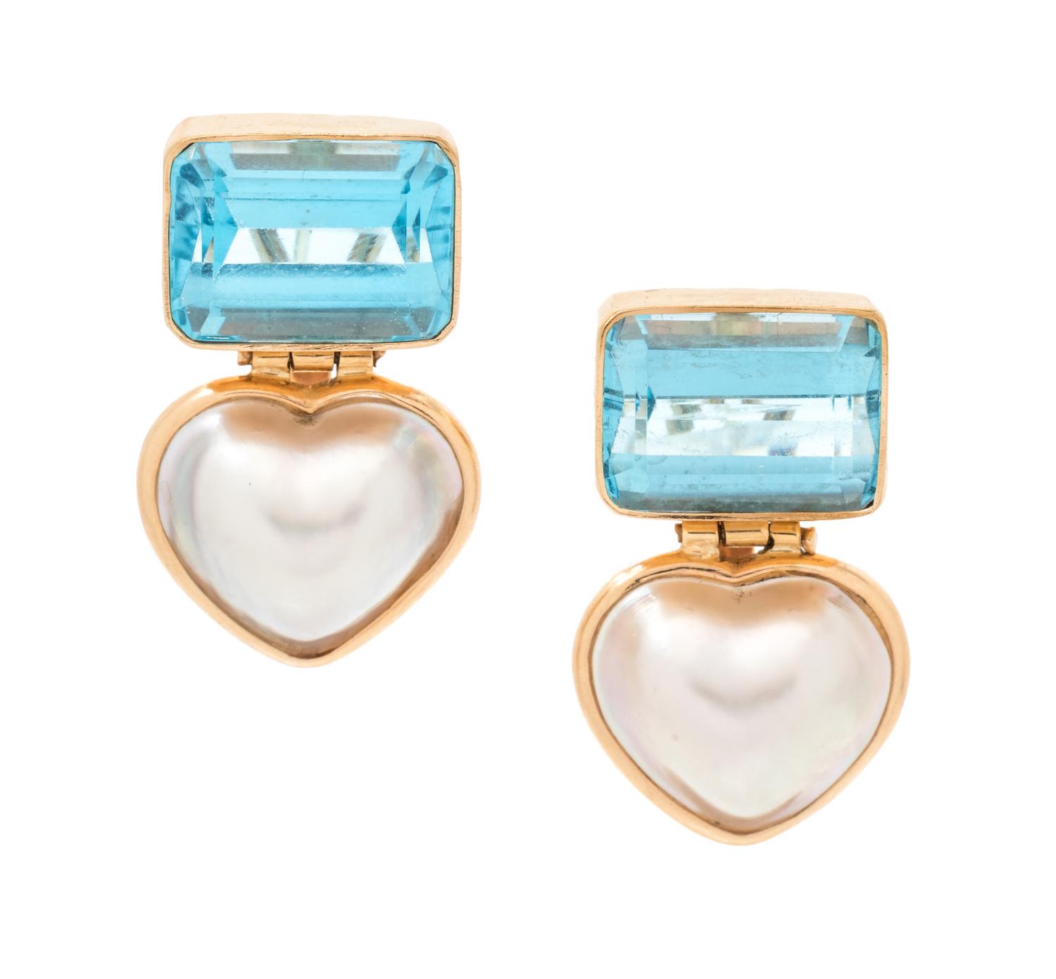 A Pair of 14 Karat Yellow Gold, Blue Topaz and Cultured Pearl Earclips,