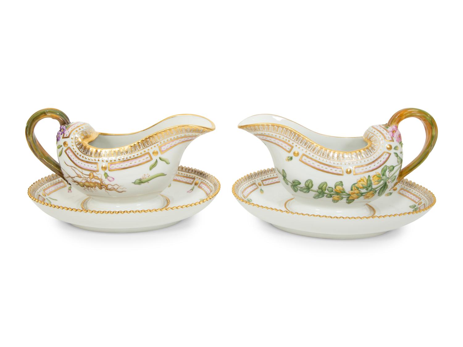 Two Royal Copenhagen Flora Danica Porcelain Sauce Boats with Affixed Underplates