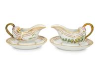 Two Royal Copenhagen Flora Danica Porcelain Sauce Boats with Affixed Underplates