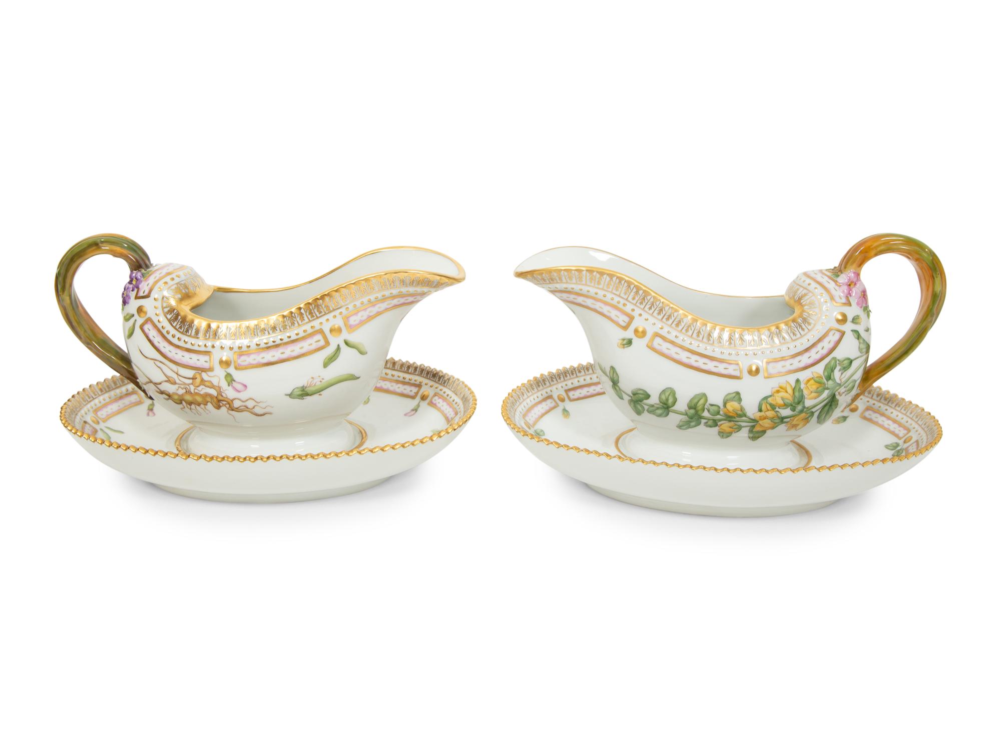 Two Royal Copenhagen Flora Danica Porcelain Sauce Boats with Affixed Underplates
