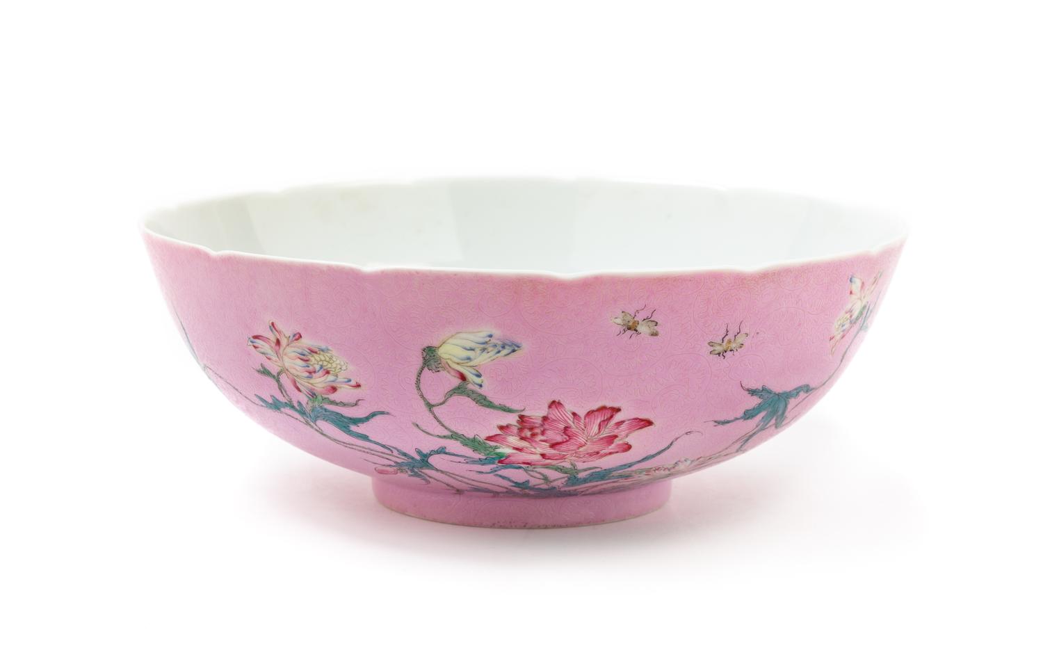 A Pink Ground Famille Rose Sgraffiato Porcelain Floriform Bowl