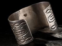 Wide Heavily Stamped Silver and Turquoise Man's Cuff Bracelet