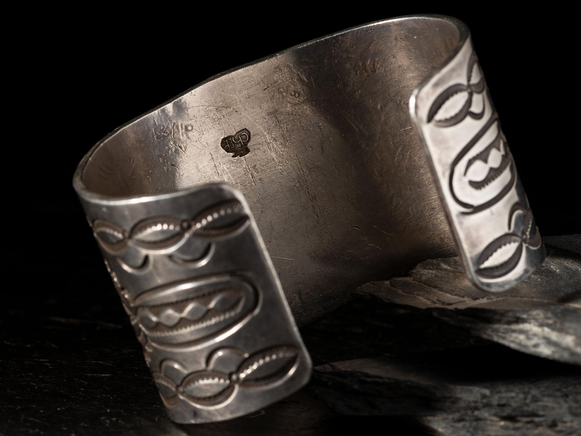 Wide Heavily Stamped Silver and Turquoise Man's Cuff Bracelet