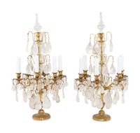 A Pair of French Gilt-Bronze and Rock Crystal Six-Light Girandoles