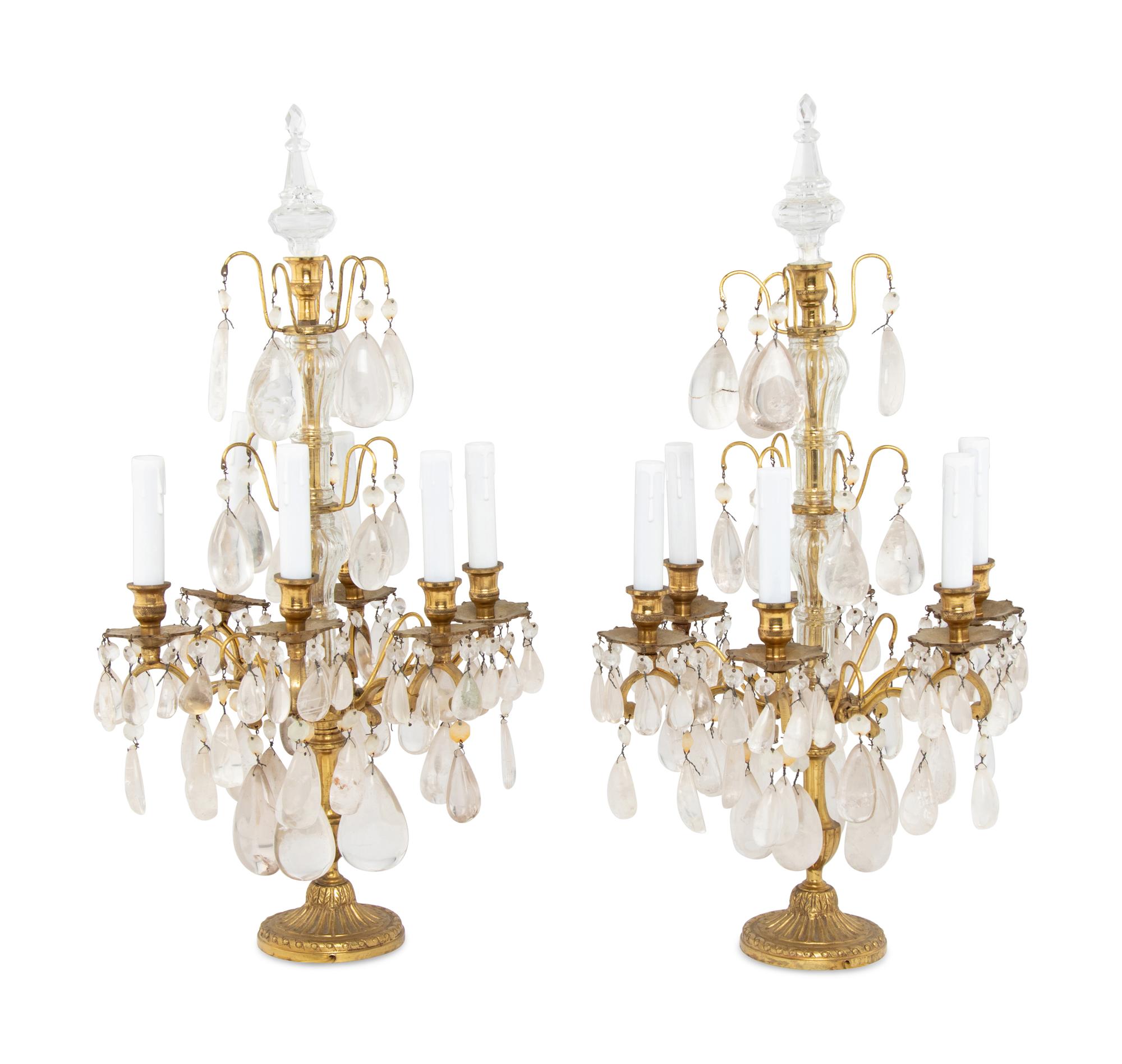 A Pair of French Gilt-Bronze and Rock Crystal Six-Light Girandoles