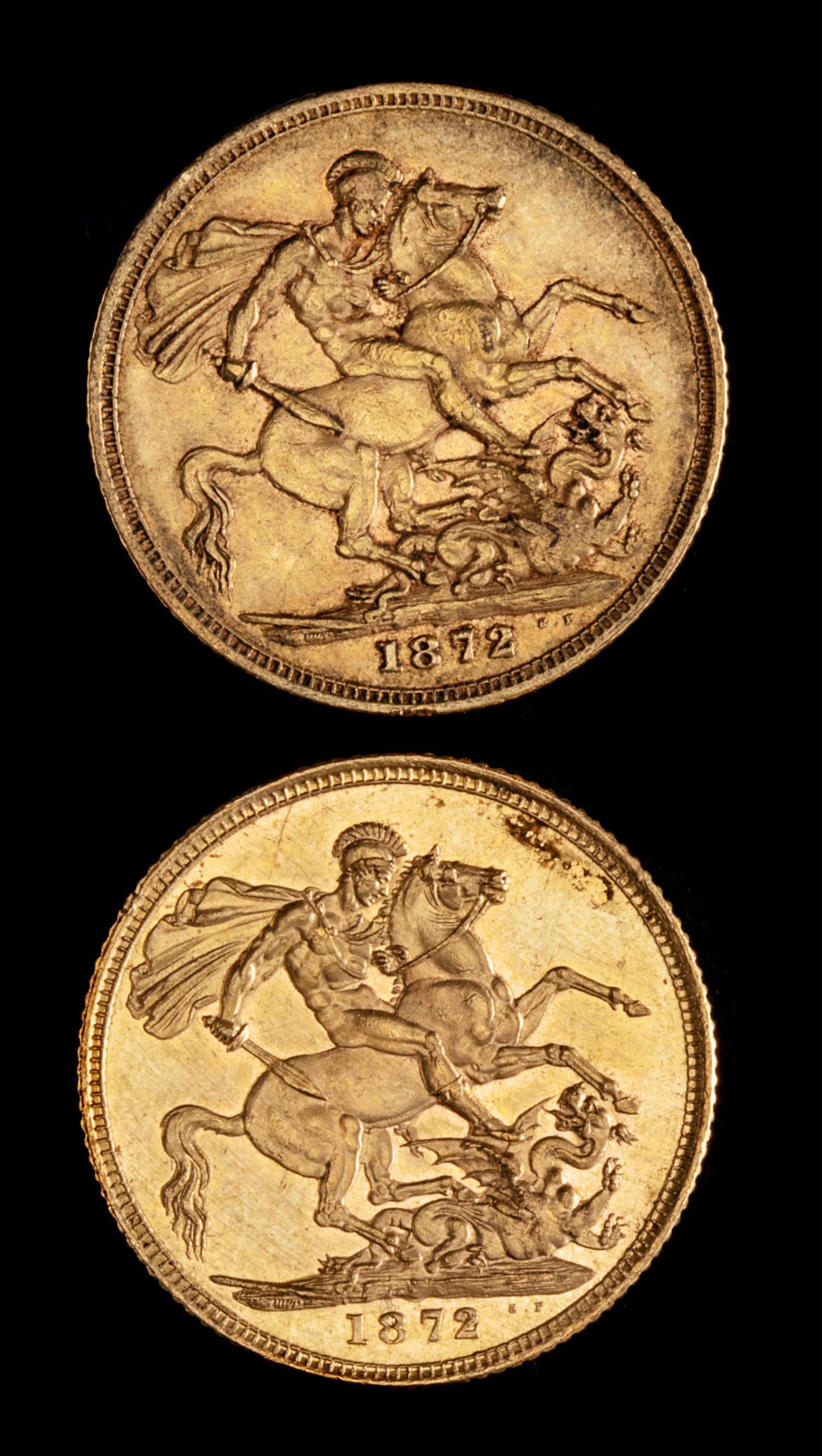 Two United Kingdom 1872 Sovereign: Young Victoria-London Mint Gold Coin