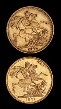 Two United Kingdom 1872 Sovereign: Young Victoria-London Mint Gold Coin